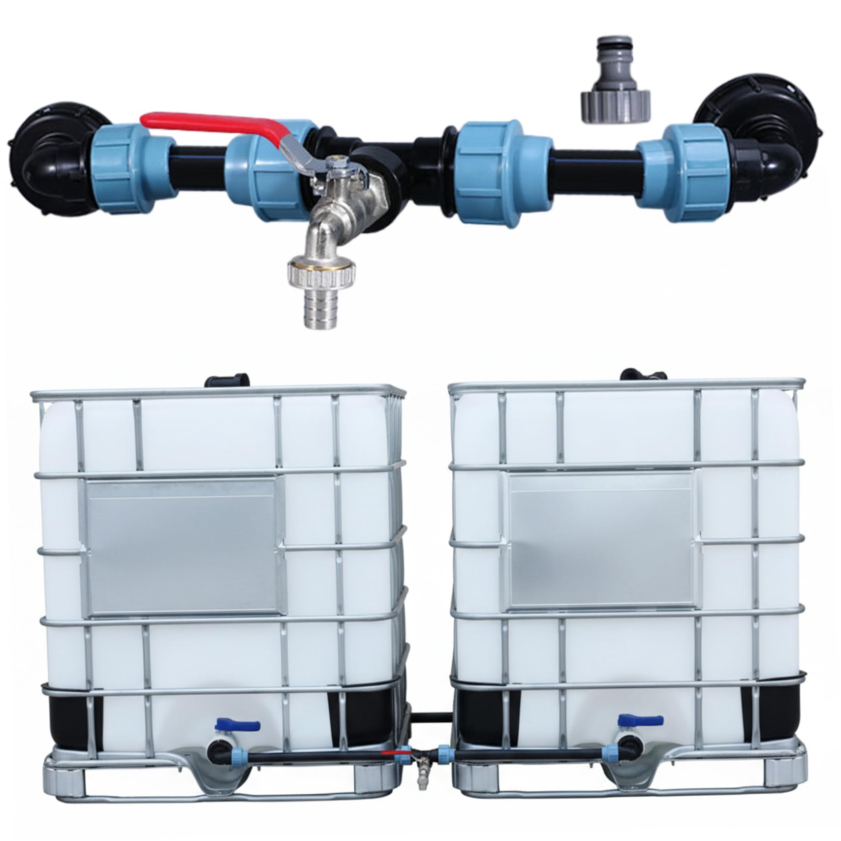 Rain Barrel Diverter Kit for 2 Barrels, Heavy Duty Nickel-Plated Brass Spigot with PE Hose & Fittings, Leak-Resistant Connector Kit for IBC Tote Water Transfer, Rain Barrel