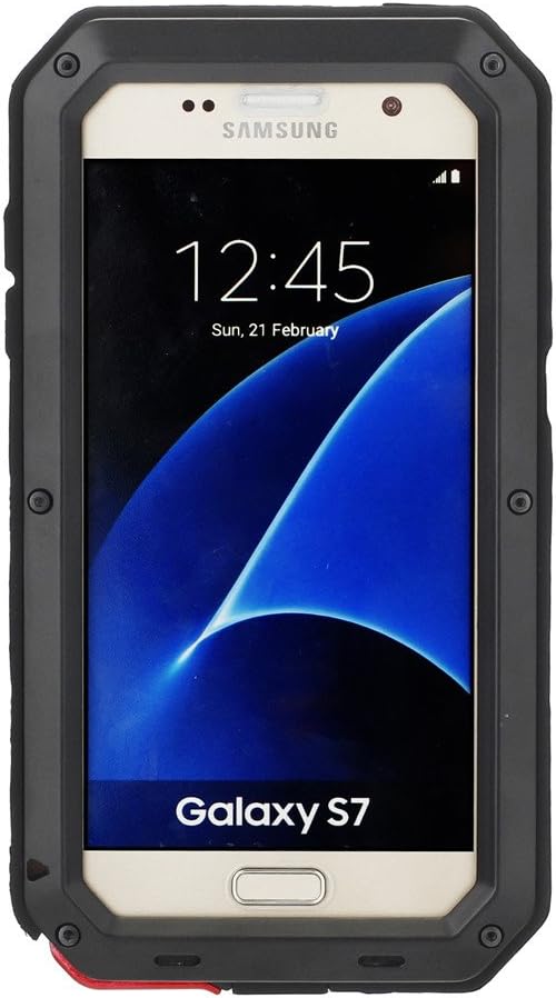 Galaxy S7 Case, Amever Aluminum Metal Case with Silicone - Water Resistant Shockproof Metal Bumper Heavy Duty Tempered Glass Dual Layer Protective Skin Cover Case for Samsung Galaxy S7 - Black