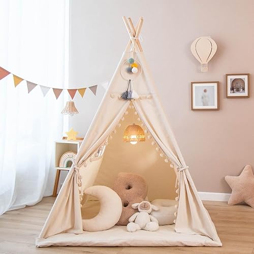 Tienda de campaña tipo tipi para niños con alfombrilla acolchada, tienda de campaña plegable en tono para niñas y niños, casa de juegos de lona para