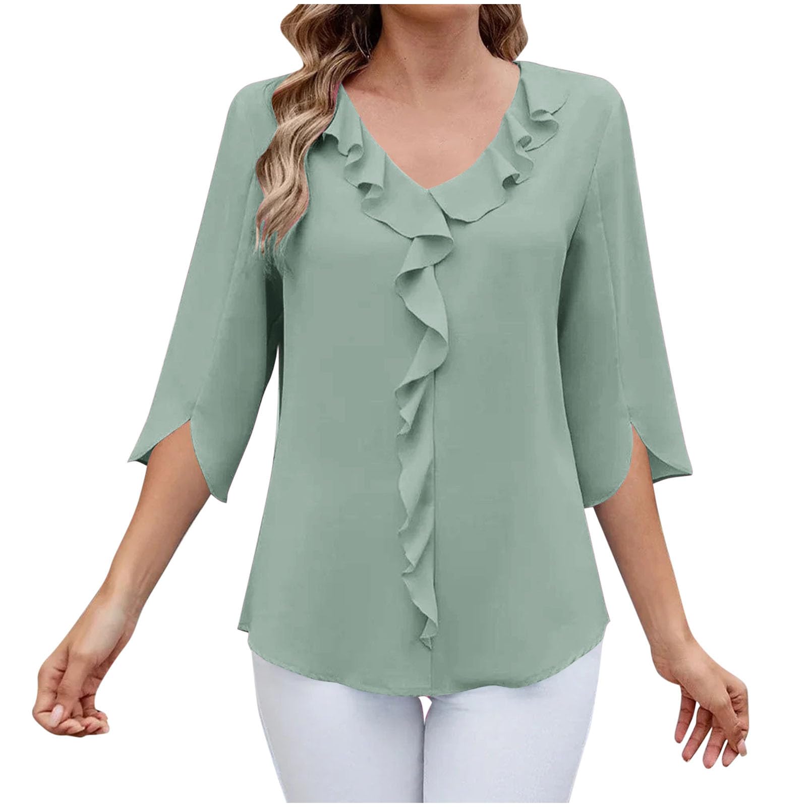 Ladies Summer Business Casual Work Shirts Elegant Dressy Ruffle Trim V Neck 3/4 Length Sleeve Womens Tops and Blouses Light Blue