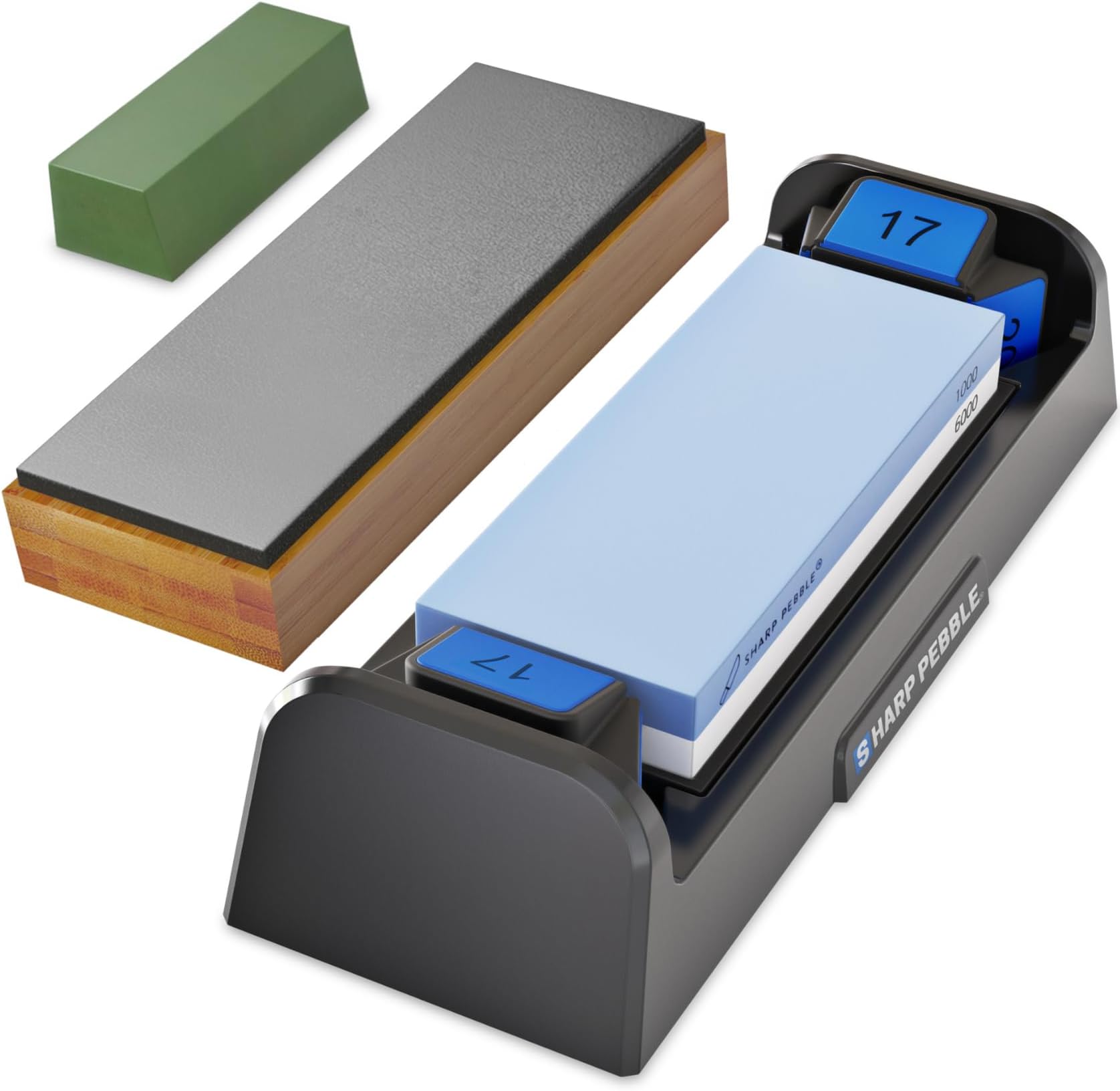 Complete Knife Care Kit: 1000/6000 Grit Sharpening Stone with Built-In Angle Guides (15/17/20/22 Degrees), Professional Whetstone Set with Plastic Base, and Premium Leather Strop with Pol