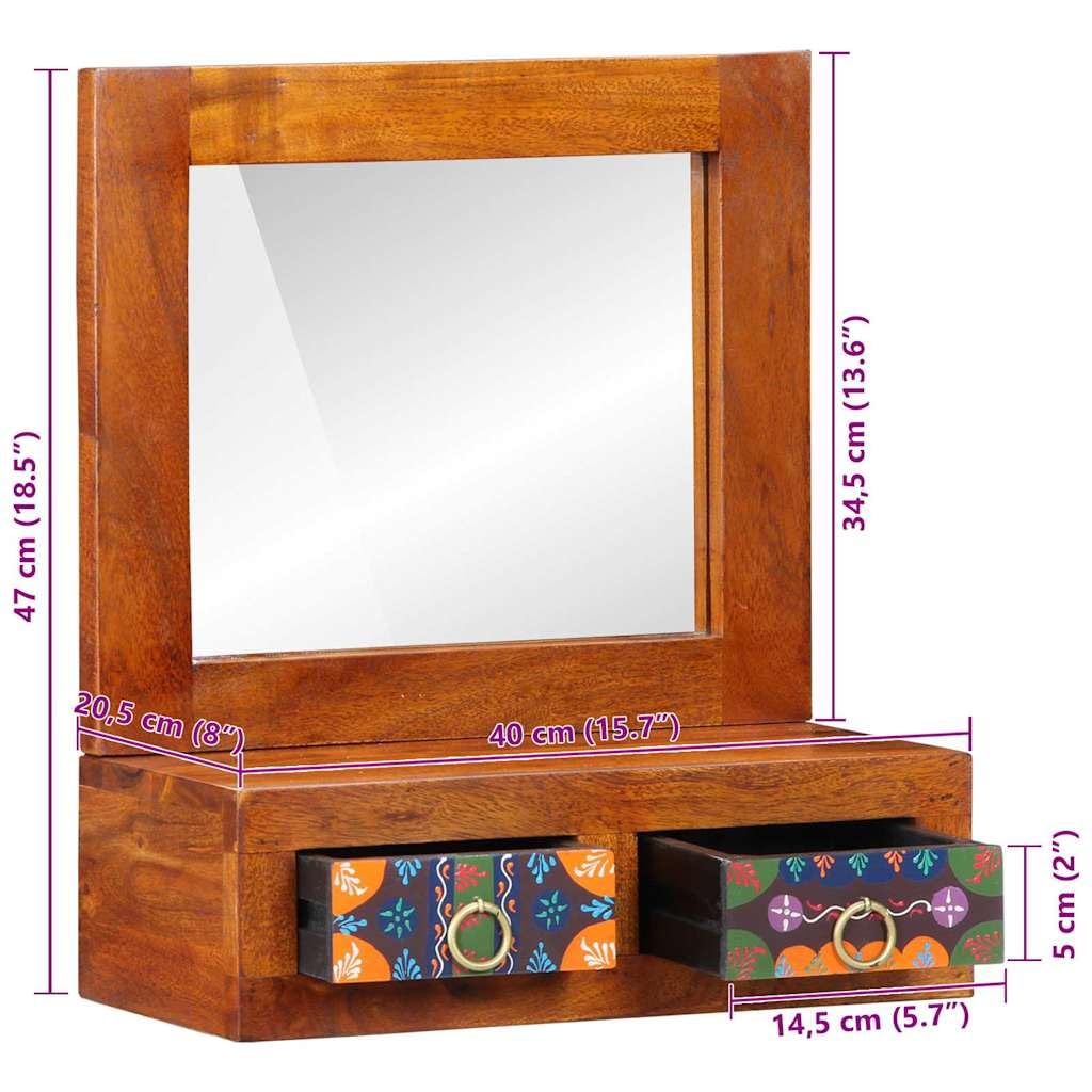 Armoire murale avec miroir marron en bois d'acacia massif 40 x 20 x 50 cm, peu encombrant, avec 2 tiroirs, espace de rangement pour salon, couloir, chambre à coucher, rangement fonctionnel et