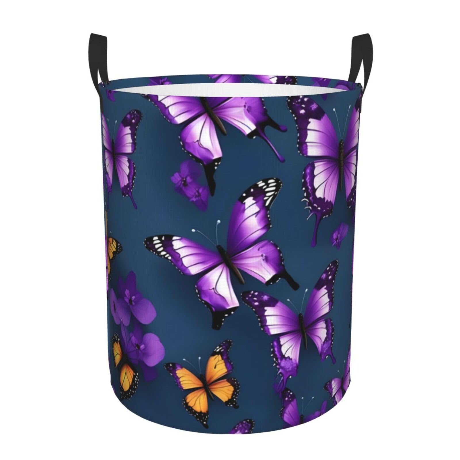 S Collapsible Round Beautiful Purple Butterfly Print Laundry Hamper