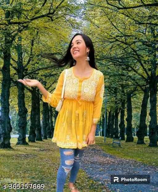 Image of Gauri Laxmi Enterprise Women's Embroidered Georgette Peplum Top | Ethnic Tunic Kurti with Sheer Sleeves | Casual Top for Women