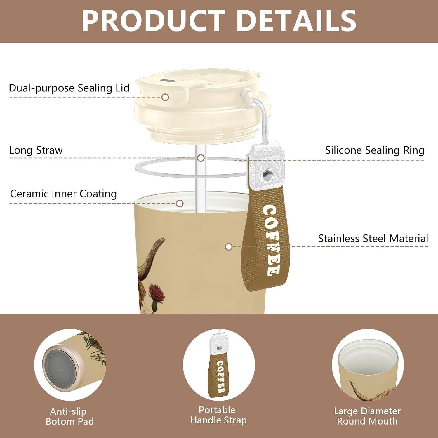 Highland Cow Flower Insulated Coffee Mug with Straw & Flip Lid, 16.9oz Iced Tumbler Cup, Double Wall Vacuum Mug for Travel Office
