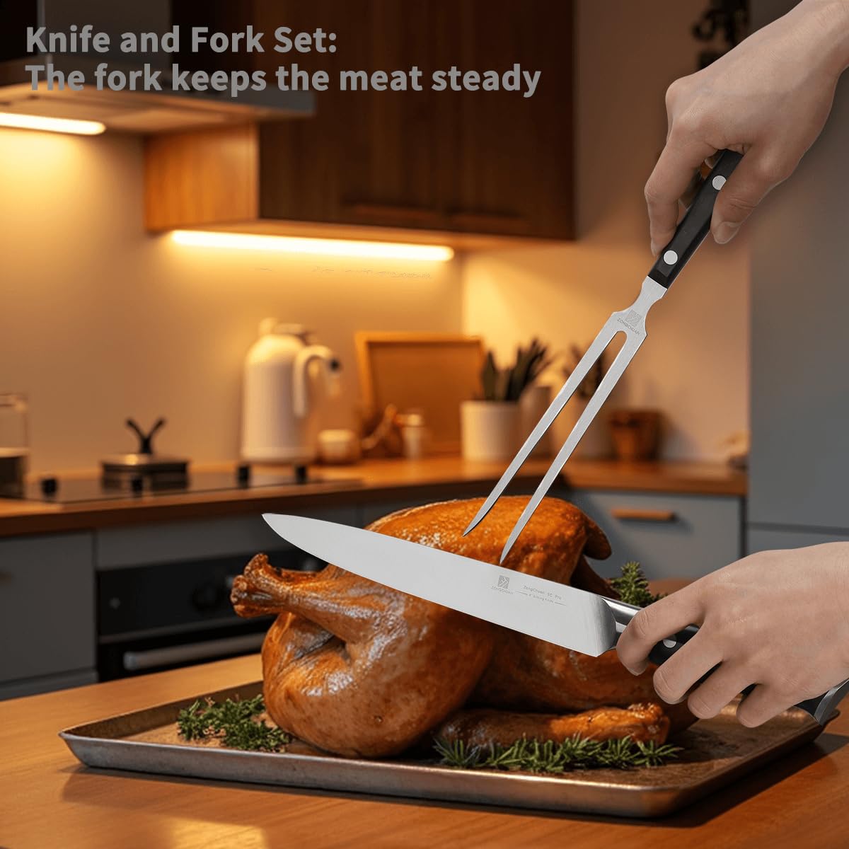 8" Stainless Steel Carving Knife and 7" Fork Set, Professional BBQ Brisket Slicing Kit with Ergonomic Full Tang Handle, Premium Meat, Fruits & Vegetables Cutting Tools in Gift Box — Amazon image 5