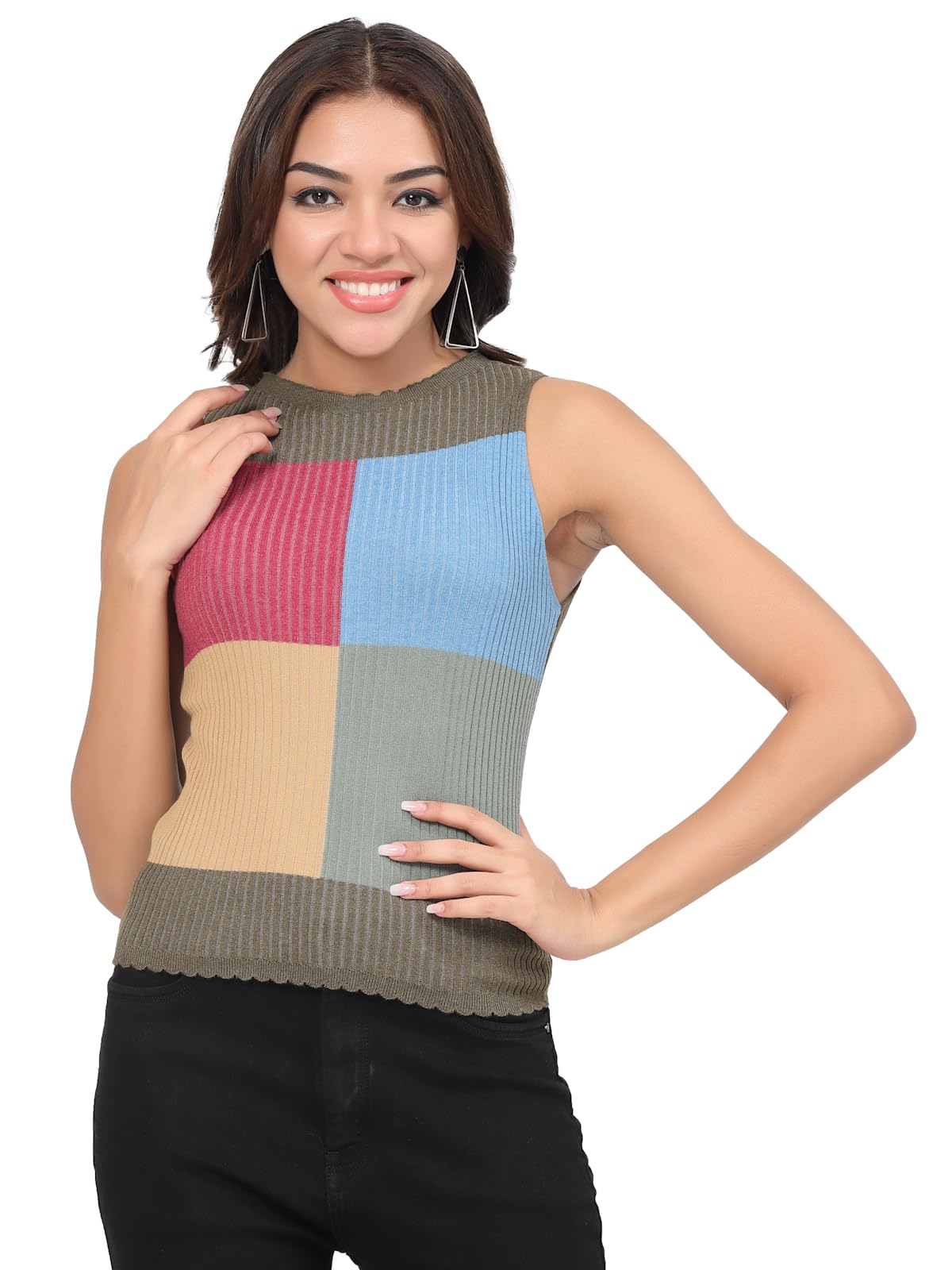 Women's Sleeveless Round Neck Knitted Fitted Ribbed Sweater