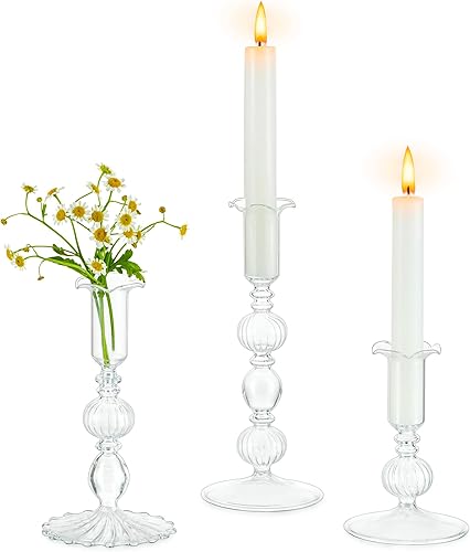 Glasseam Portavelas cónicos de vidrio juego de 3 candelabros transparentes decorativos con Bobeche modernos candelabros cónicos acanalados para
