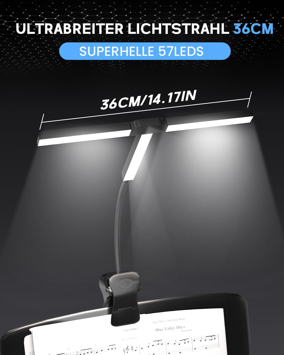 Ultrabreit 36CM Notenpultleuchte Mit Clip, 57 LEDs Superhell, 4 Farben x 3 Helligkeit, Faltbare T-Förmige Klavierlampe für Noten und Buch lesen, USB-C Wiederaufladbar