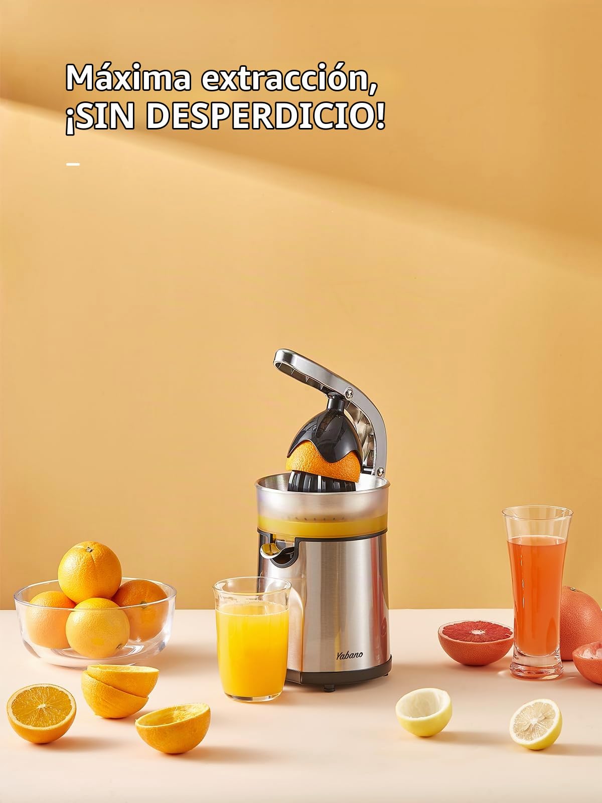 Exprimidor Eléctrico 85W de Acero Inoxidable con 2 Conos, Depósito Transparente, Alta Extracción, Fácil de Usar y Limpiar
