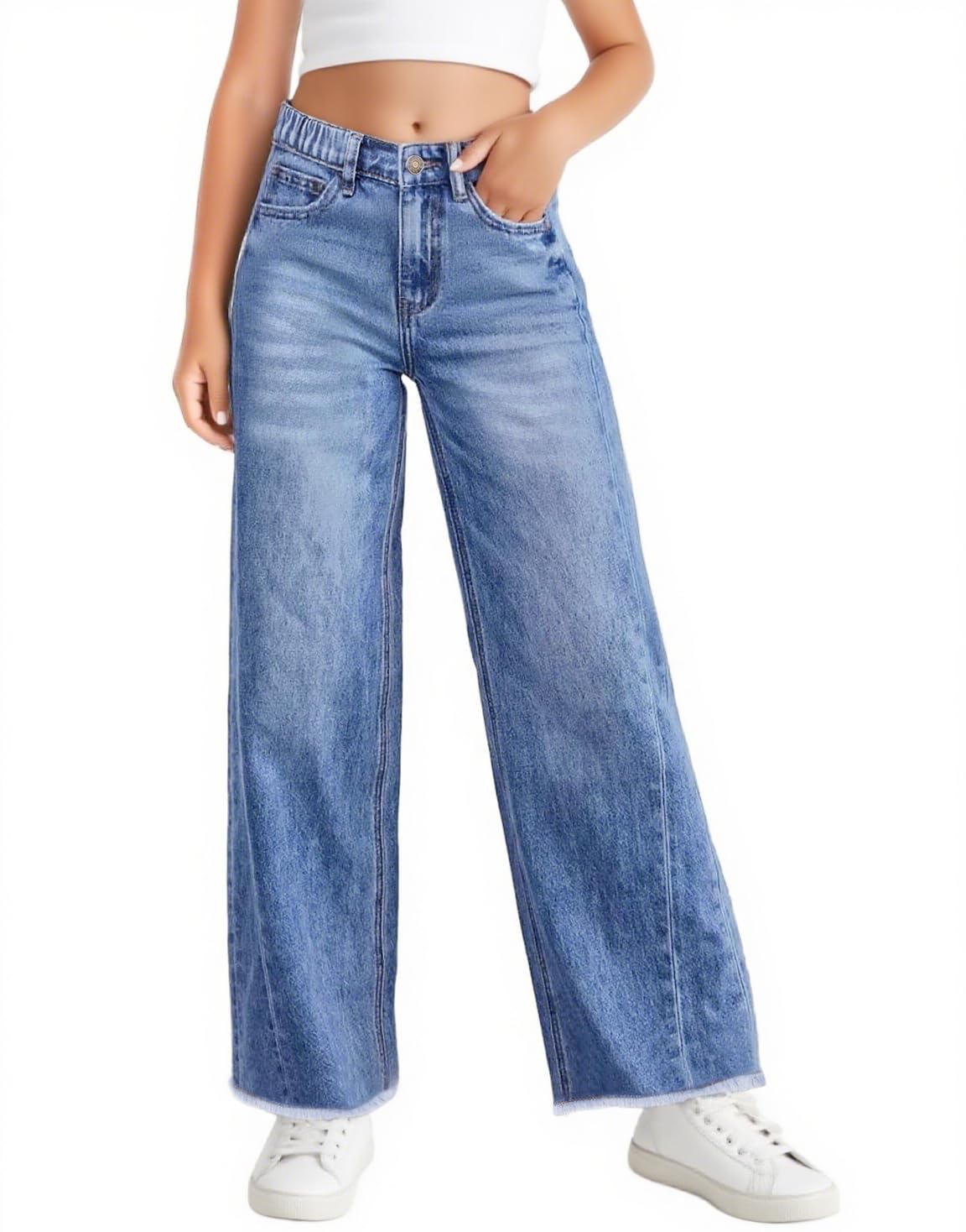 Haloumoning Jeans a gamba larga per bambine con tasche, 5-14 anni | Elastico a vita alta, orlo grezzo