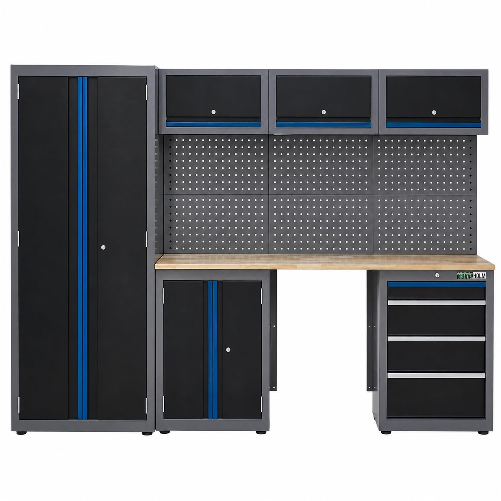 TRUTZHOLM Werkstattwand 13 tlg. aus Stahl 260 x 183 cm modulares Werkstattschranksystem flexibel stellbar & abschließbar mit Holzarbeitsplatte Hochschrank Schubladen Lochwand für Werkstattorganisation