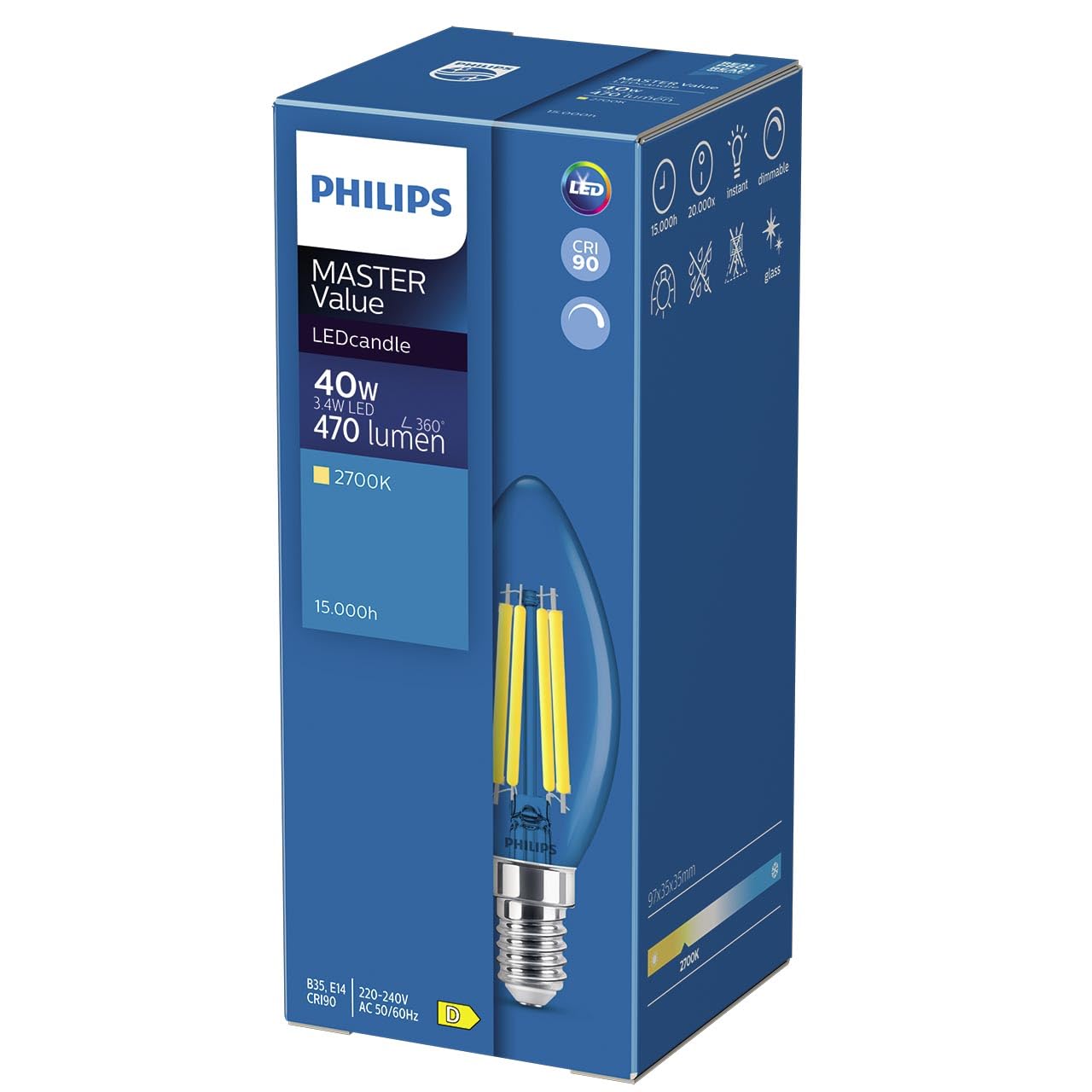 Philips Master Value Lot de 10 ampoules LED 3,4 W (remplacement de 40 W) B35 à intensité variable, petit culot à vis Edison E14 SES, blanc chaud 2700 K, 470 lumens, 15 000 heures, lampe transparente