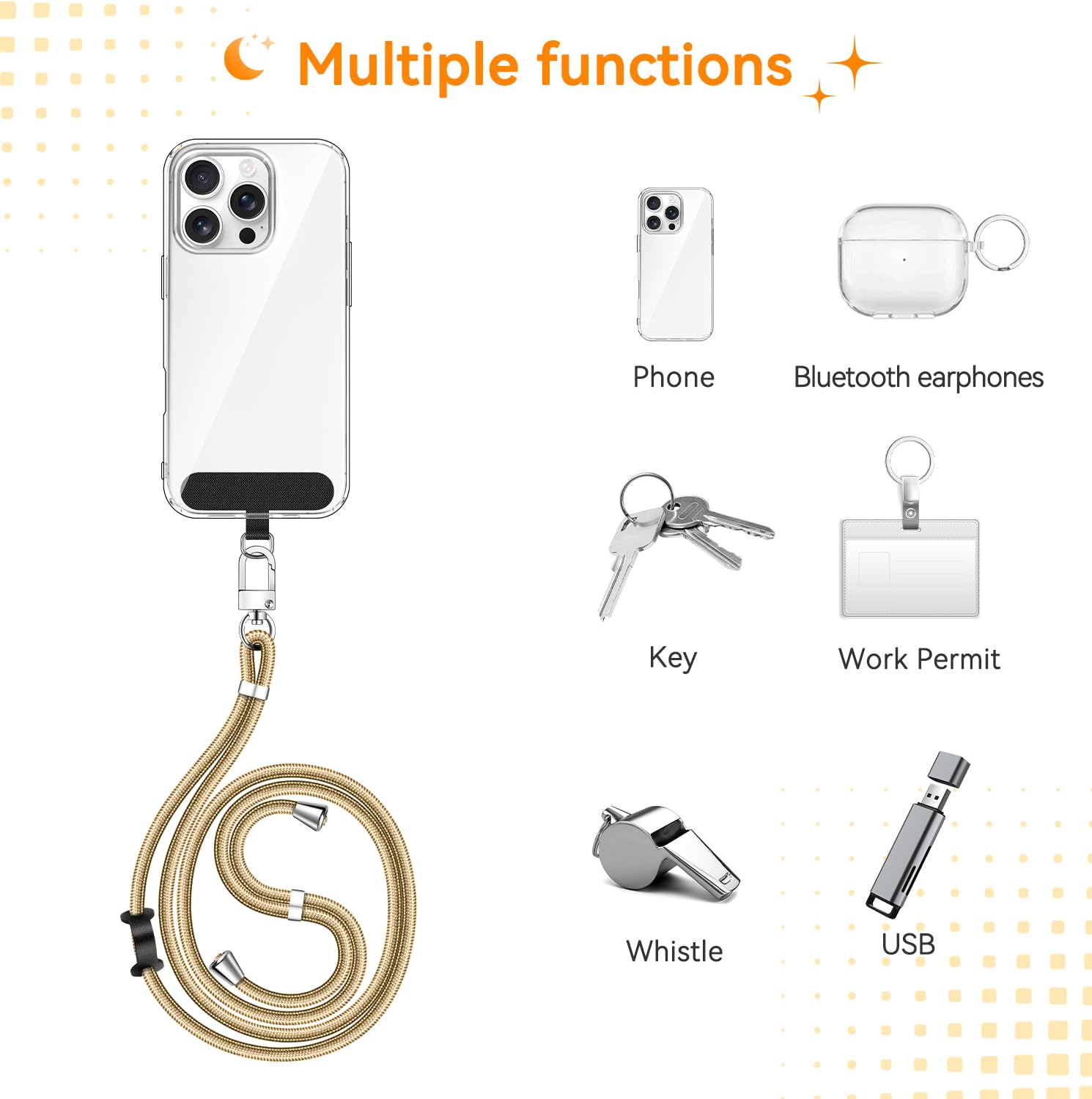 iVoler Cordino per Cellulare Universale con 2 pezzi Patch, Regolabile e Rimovibile Cordino Tracolla per Telefono, Adatto per iPhone Samsung Xiaomi e Qualsiasi Custodie per Smartphone - Oro