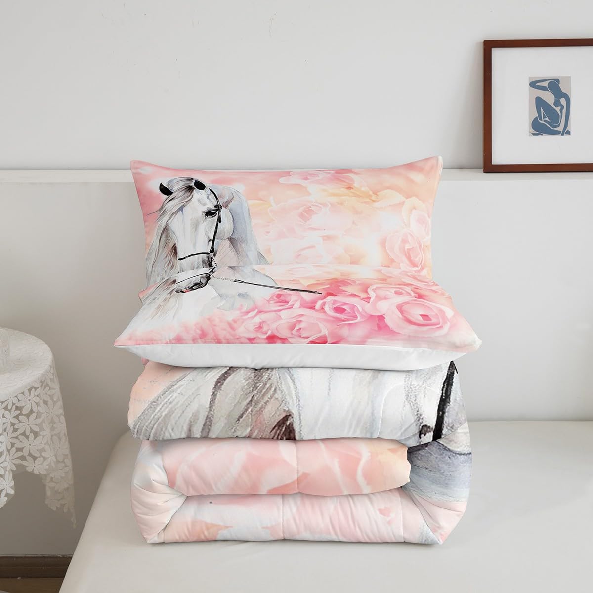 Feelyou Horse & Cherry Blossom Comforter Set For Kids - Pink Animal Print Twin Size Bedding (Comforter + Pillowcase)