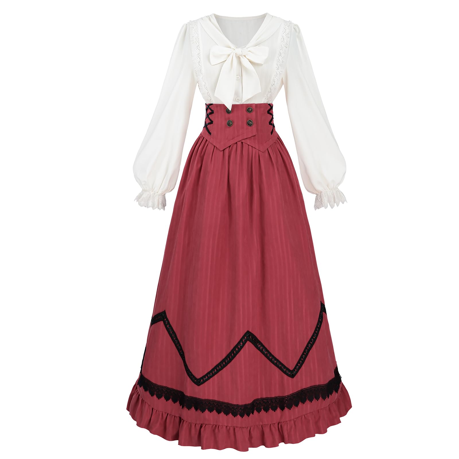 CR ROLECOS Viktorianische Kleid Damen Mittelalter 1900er Renaissance Kostüm 2-Teiliger Viktorianische Bluse Vintage Mittelalter Rock Set Ballkleider Damen Lang