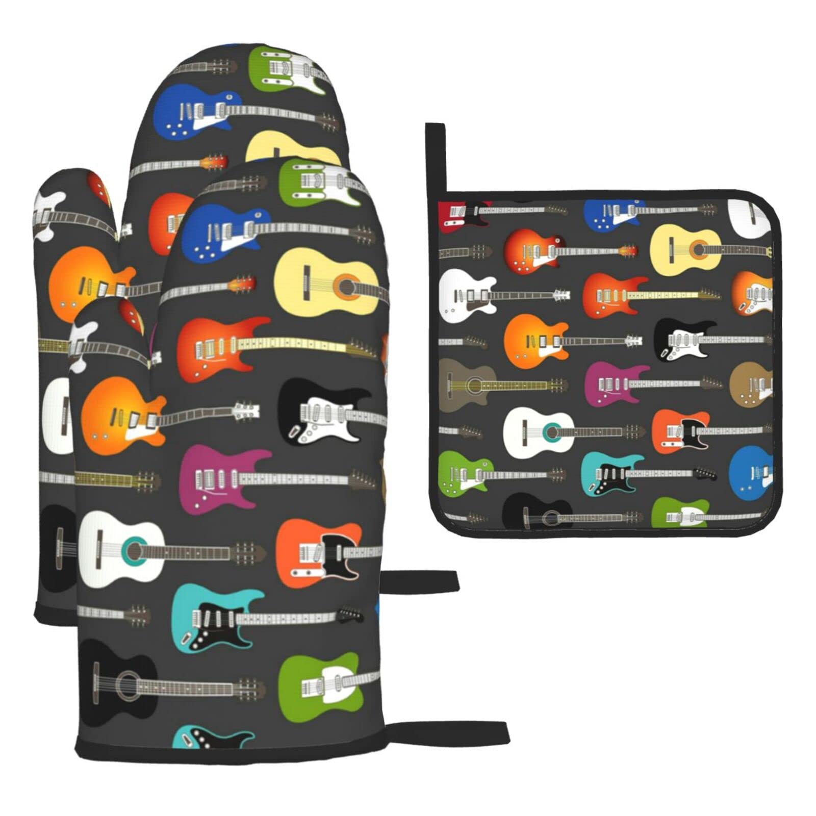Color Acoustic and Guitars Oven Mitts and Pot Holder Kitchen Set for Grilling, Cooking, Baking, Heat Resistant