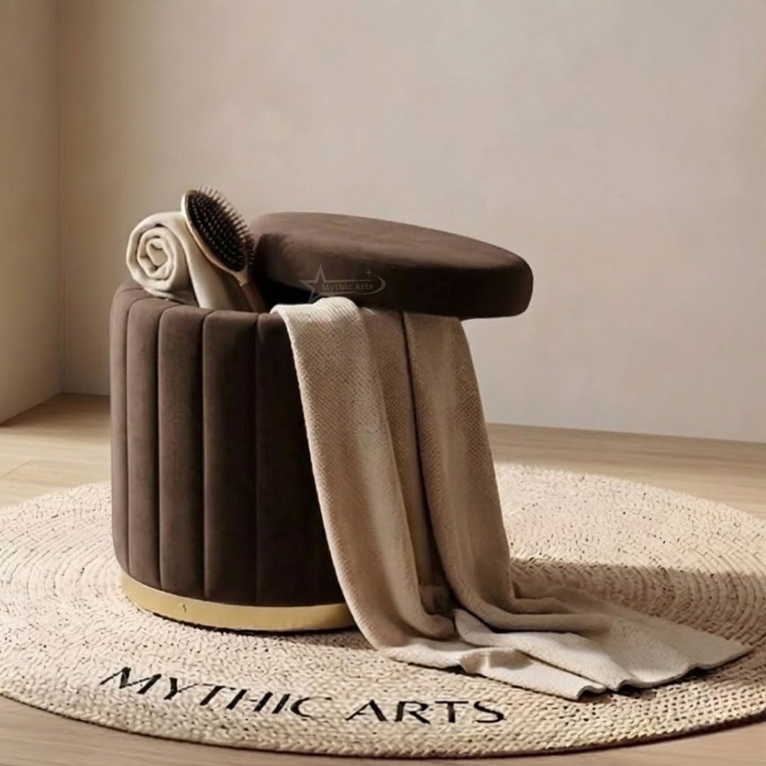 Superior Round Storage Ottoman Stool with Gold Metal Base | Elegant Pouffe with Secret Storage | Cushioned Footrest for Living Room, Bedroom, and Lounge (Brown N, Small)-image-9