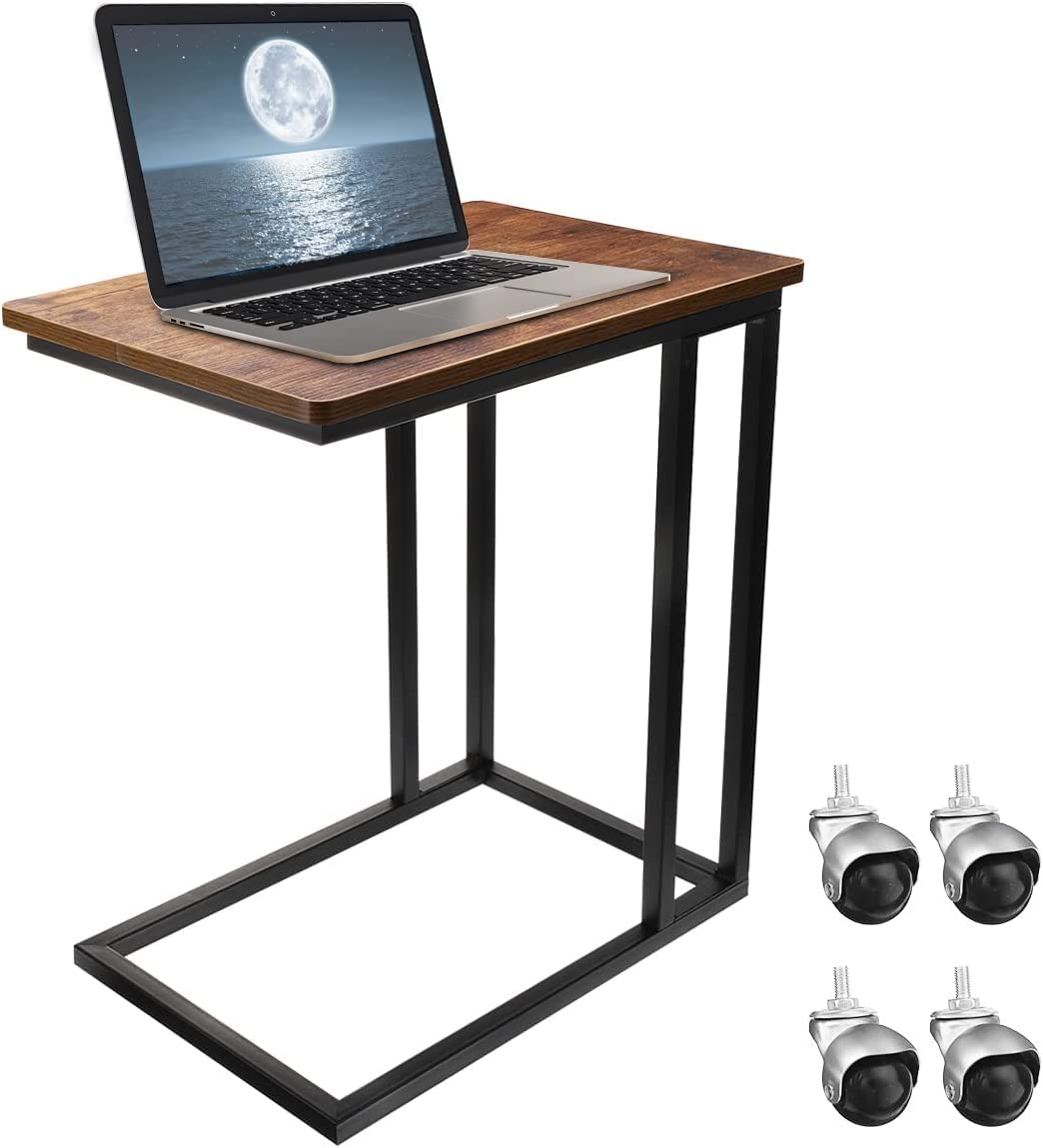 INDIAN DECOR 49112 End Side Table with Wheels Rolling C Table That Slide Under for Small Spaces TV Tray Table Bedside Table with Metal Frame, 4 Rolling Casters for Living Room Home Office - Black-image-7