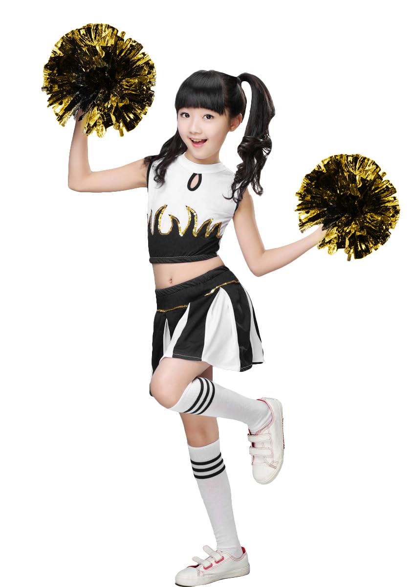 LOLANTA Girls Cheerleader Costume Cheerleading Children Dress Outfit Uniform with PomPoms(Black, 8-9 years, Tag Size 140)