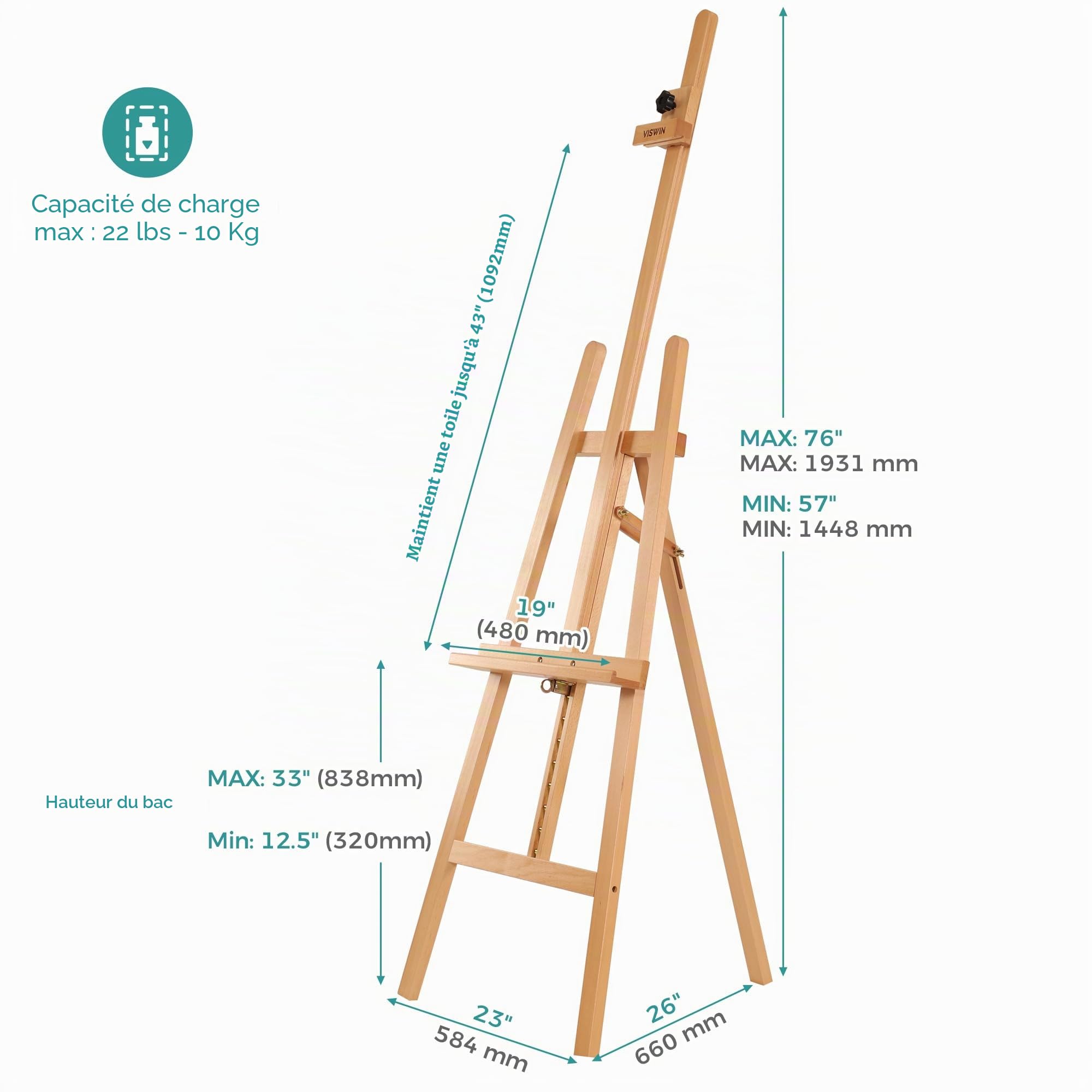 VISWIN Chevalet d'affichage à hauteur réglable de 57" à 76", peut contenir une toile jusqu'à 43", peut contenir 22 lb, support de chevalet en bois facile à assembler pour adultes, débutants