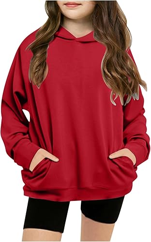 Sweatshirts For Teen Girls Long Sleeve Hooded Pullover Hoodies Casual Solid Color Tops Fall Sweatshirt With Pocket