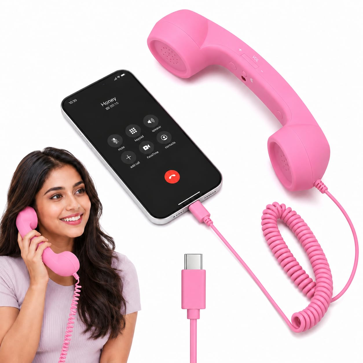 Street27 Retro Phone Handset Compatible with Type-C Smartphones, Tablets & Computers, Corded Telephone Receiver with Noise Reduction, Volume Control & Answer Button for Calls and Meetings (Pink)-picture-25