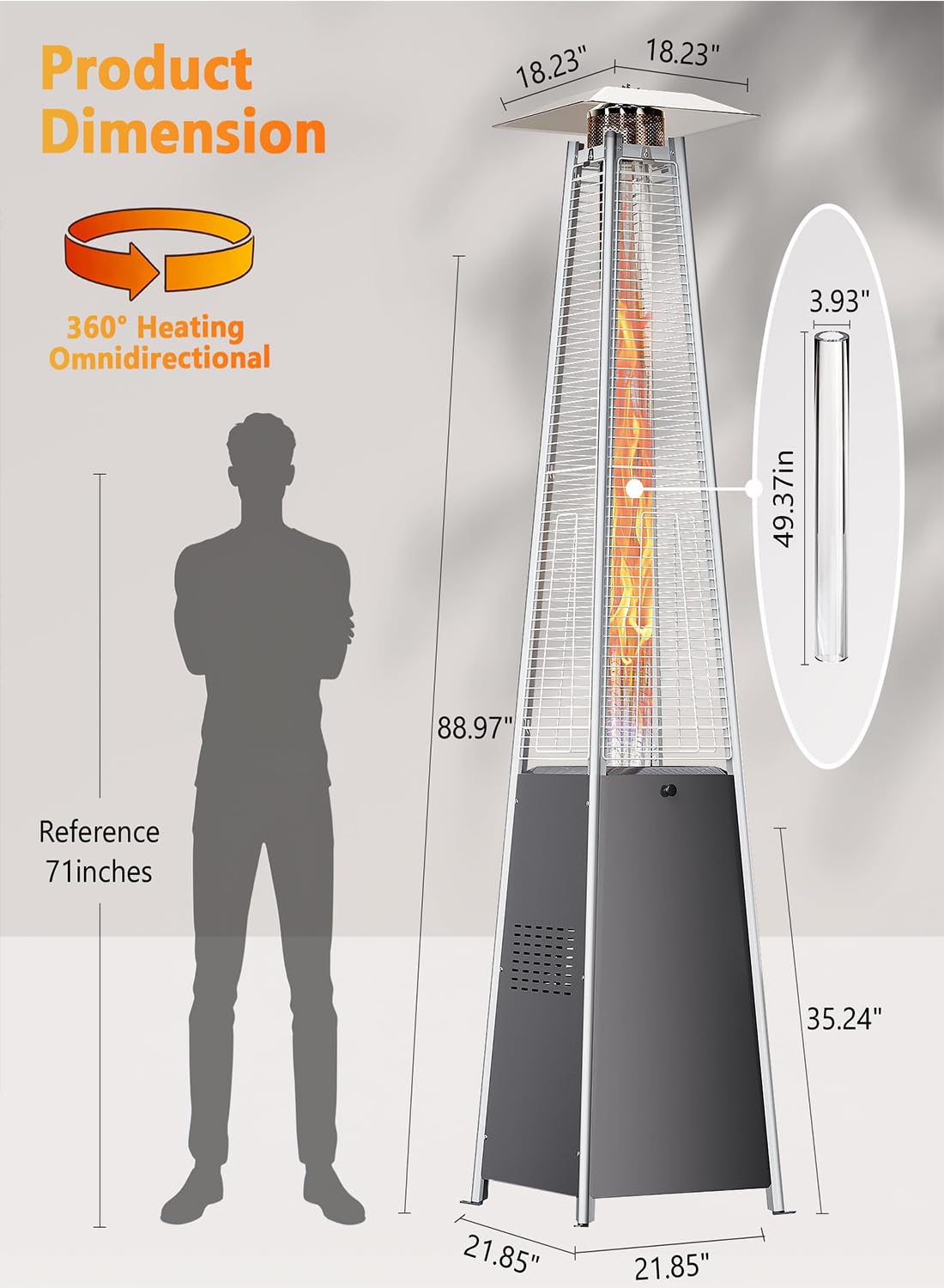 Riscaldatore da Patio a Piramide, Riscaldatore da Esterno a Fiamma Reale in Acciaio Inox, Riscaldatore a Propano da Esterno a Riscaldamento Rapido con Ruote e Copertura Impermeabile