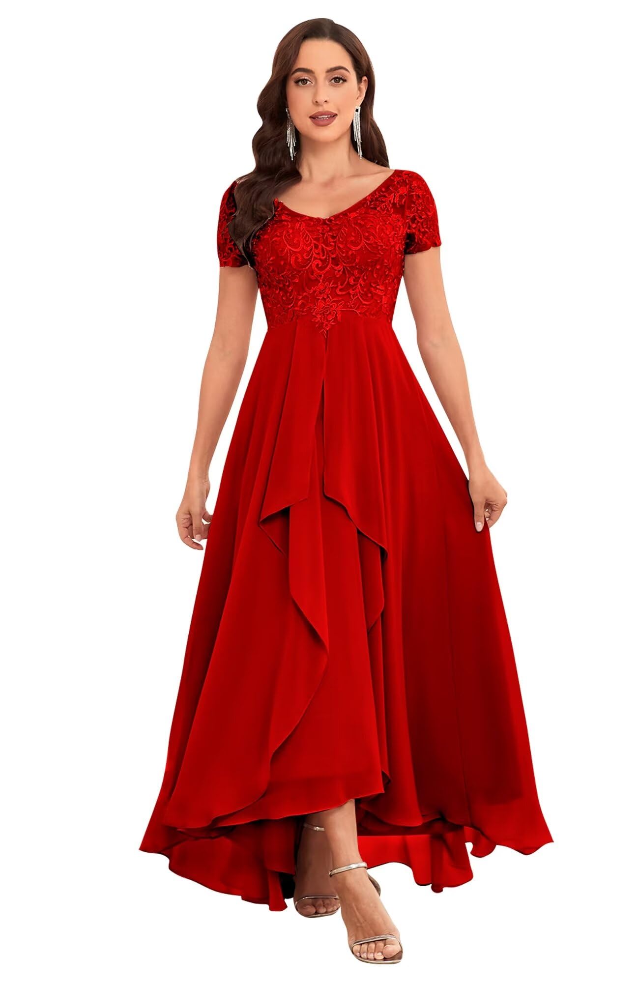 Thinksea Women's Tea Length Mother of The Bride Dresses for Wedding with Sleeves Lace Applique Formal Dresses