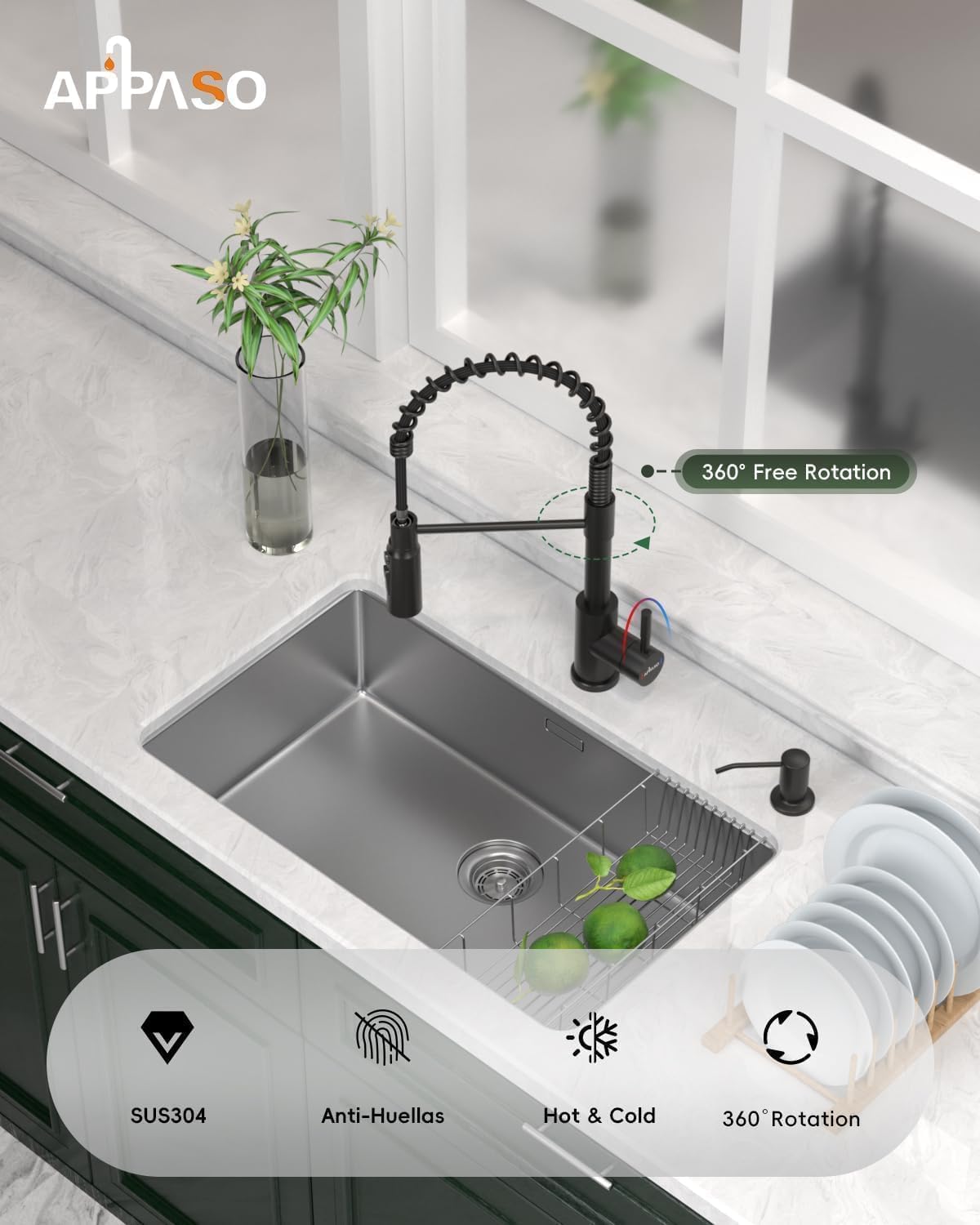 APPASO Black Kitchen Faucet with Pull Down Sprayer, Tall Commercial Spring Kitchen Sink Faucet with Soap Dispenser, Single Handle High Arc Stainless Steel Faucets for Home RV Utility Sink, Matte Black