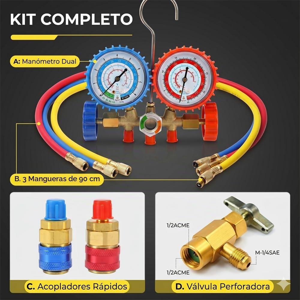 Set de Manómetros R134a para Aire Acondicionado de Coche - Kit de Recarga con 3 Mangueras de 90cm, Acopladores Rápidos y Válvula de Lata Perforadora - Herramienta de Diagnóstico AC Profesional