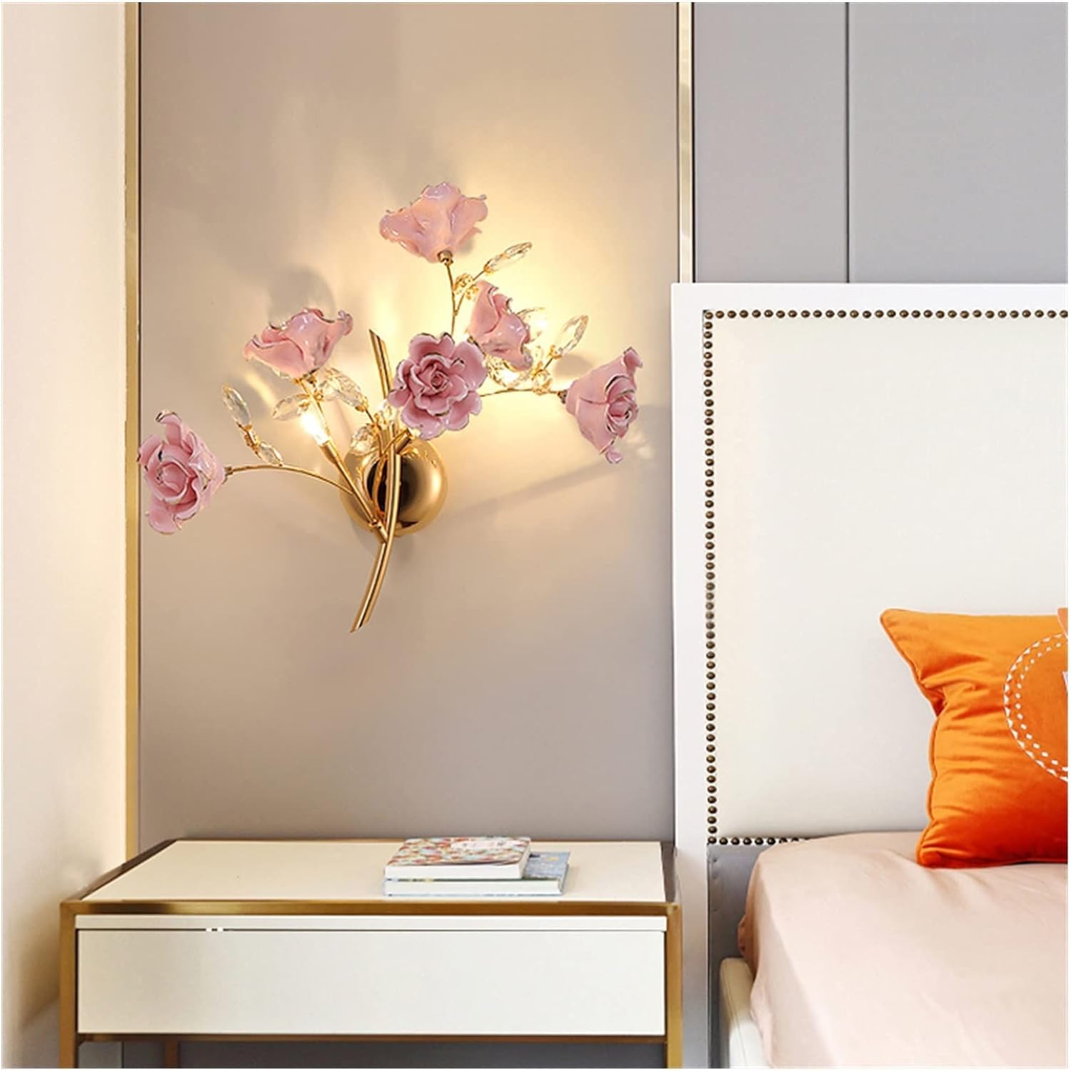 JYBNBBE Wall lamp, Bedroom Bedside Wall Lamp Modern Simple Ceramic Sconce - Crystal Flower Wall Light Living Room Stair Aisle LED Lighting,Pink3light