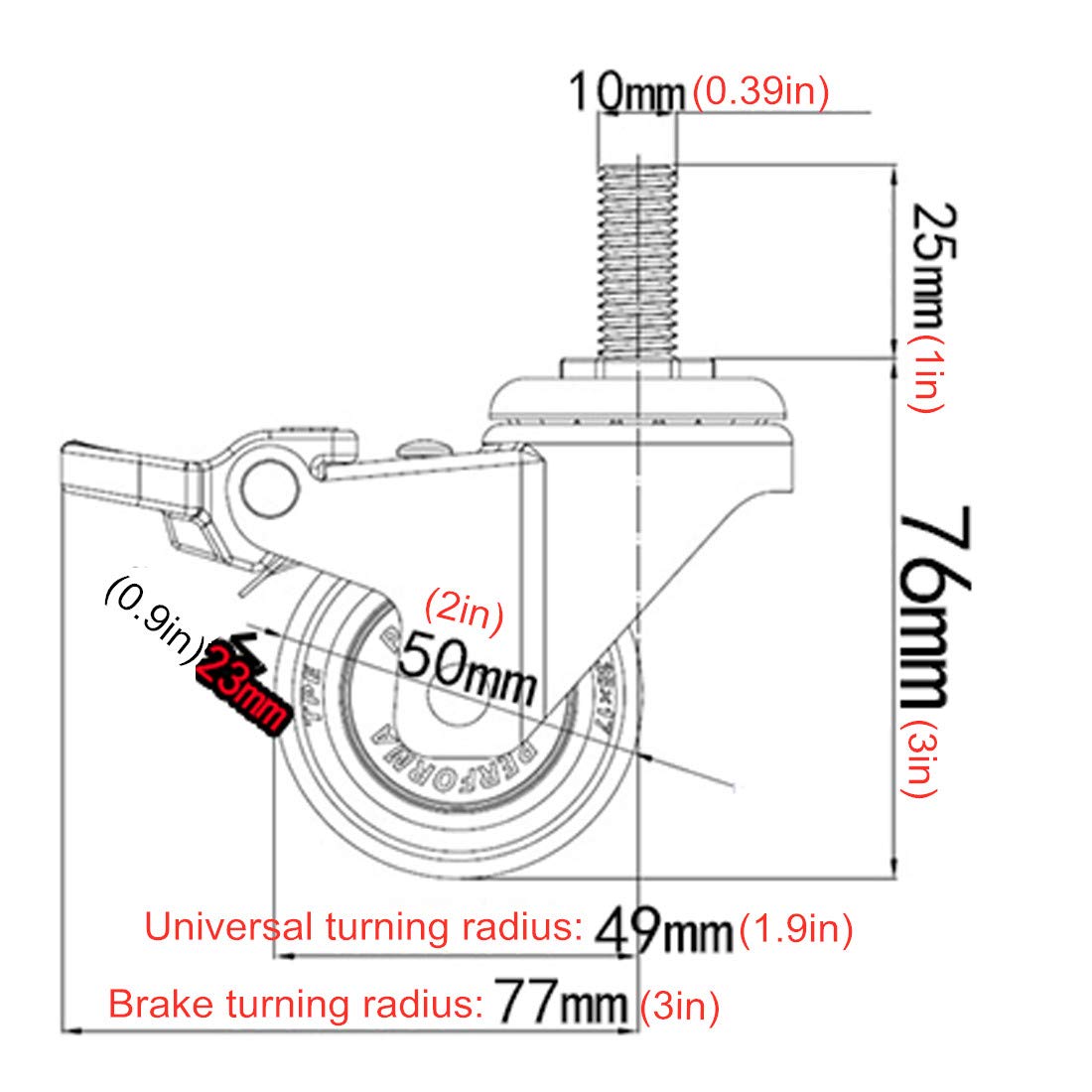 Koła jezdne, koła obrotowe do mebli, śruba z trzpieniem gwintowanym M10X25 mm, koła do wózków, małe koła, koła do wózków z gumą TPE, ciężkie, 4 szt./hamulec + uniwersalne/50 mm/2 cale