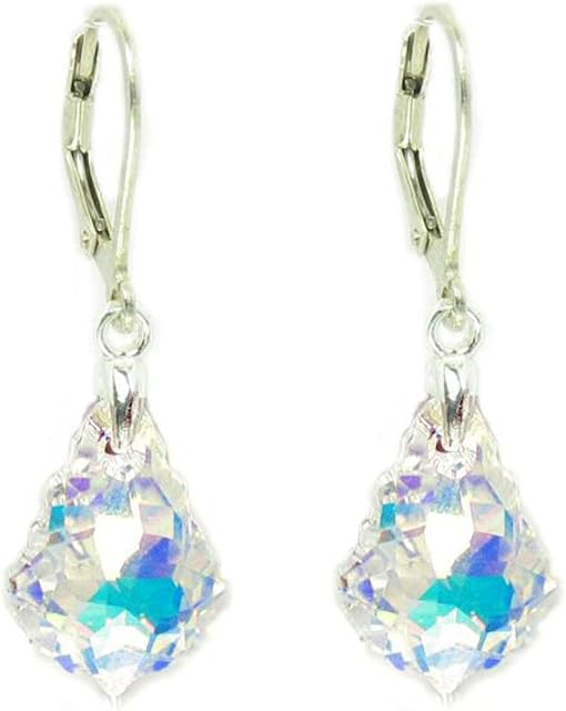 Queenberry Clear Aurora Borealis Sterling Silver Leverback Dangle Earrings Made with Swarovski Crystals