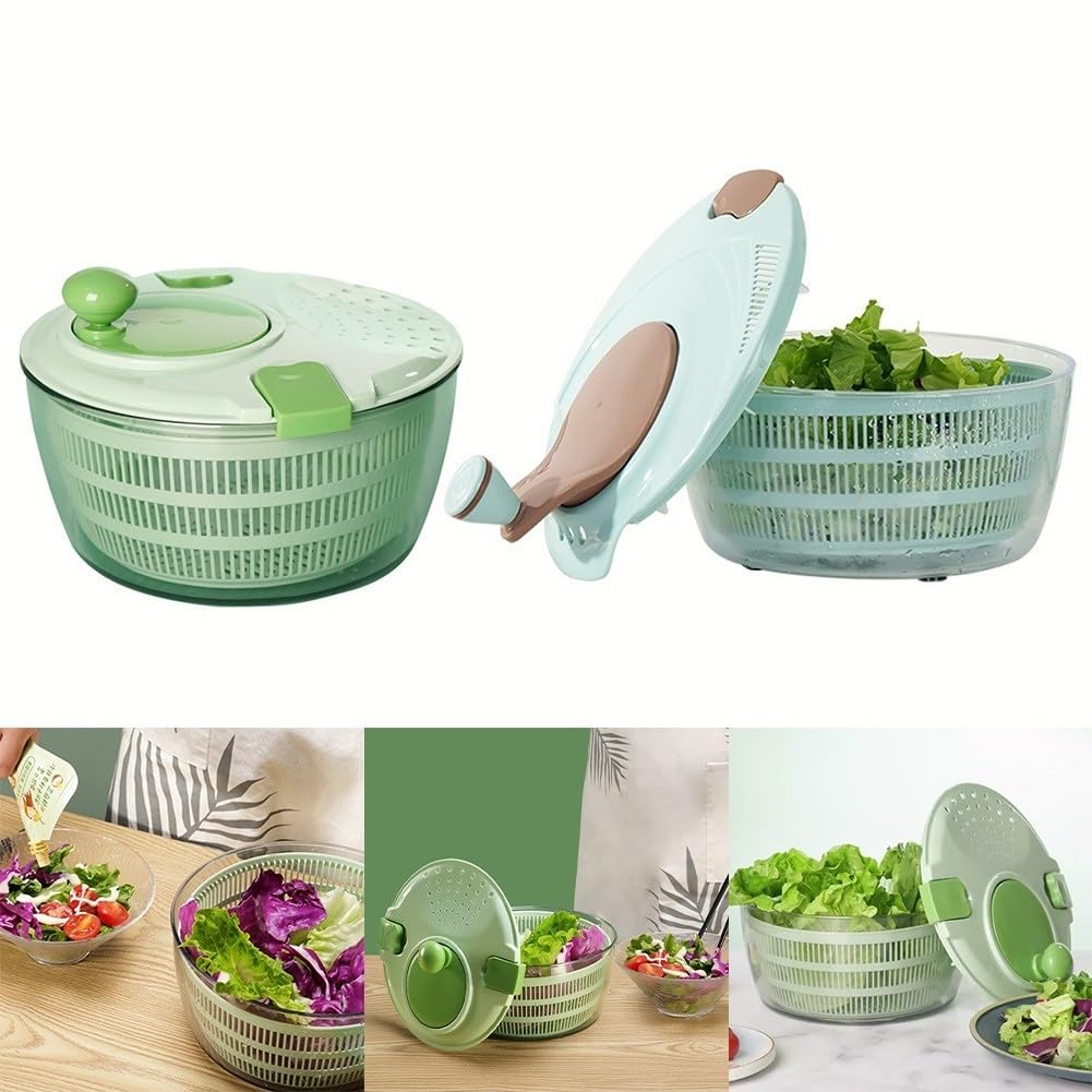 Centrifugador de ensalada con manivela, secador manual de verduras y cuenco de lavadora, deshidratador de lechuga eficiente para cocina, diseño medio transparente, base antideslizante, apto