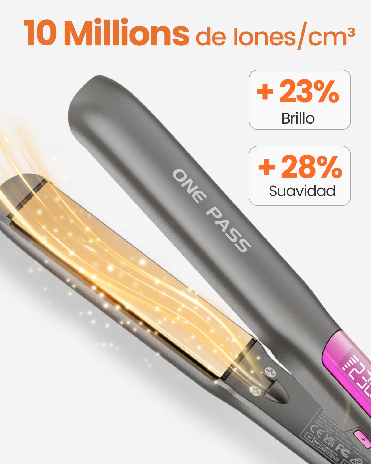 Faszin - Plancha para pelo con placas de titanio liso, plancha para alisar negativos iones protector, 20S calienta rápido, pantalla LCD, voltaje universal, alisador de pelo 2 en 1 (gris)