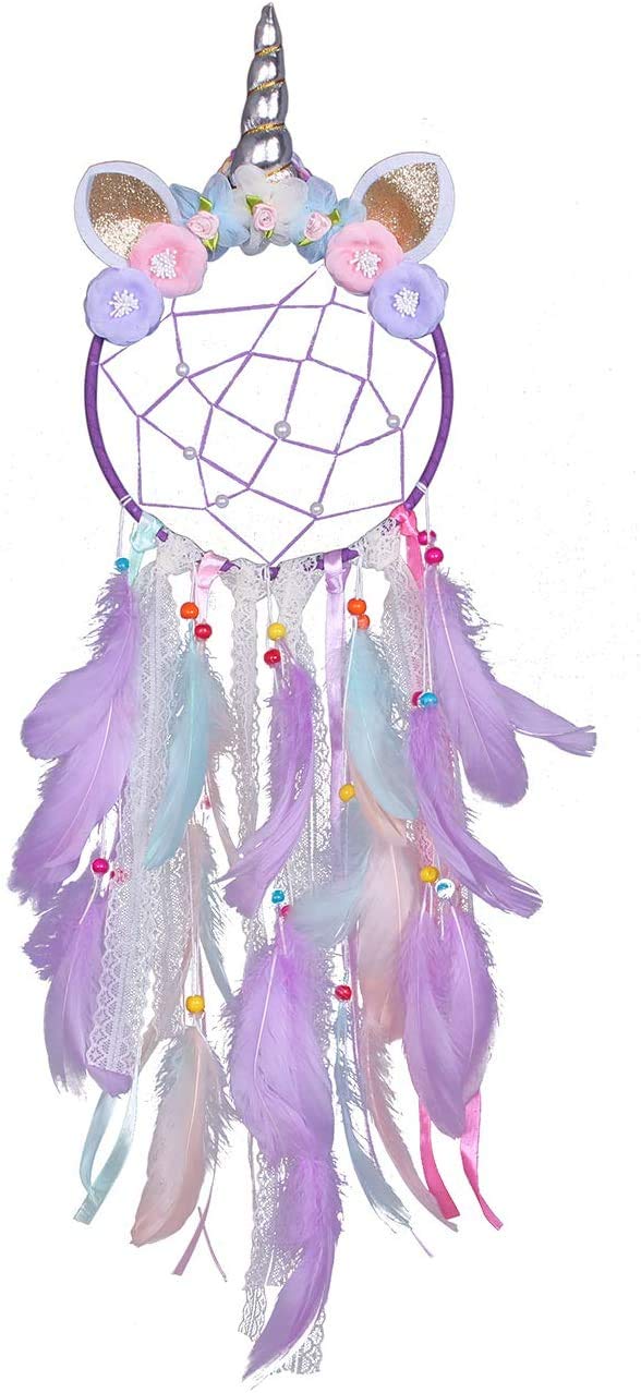 Excefore Unicorn Dream Catcher Wall Decor Cute Feather Dreamcatcher Wall Hanging for Bedrooms Party Royal Purple Feathers Traditional Crochet Design Feather Tassels Flower