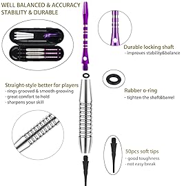 sanfeng Darts Plastic Tip Set - 18g Soft Tip Darts - 16g Dart Barrels w/ 50 O-Rings + 6 Shafts (Purple Aluminum & White Plastic Rod) + Extra 50 Soft Tips Flights Accessories for Electronic Dart Board