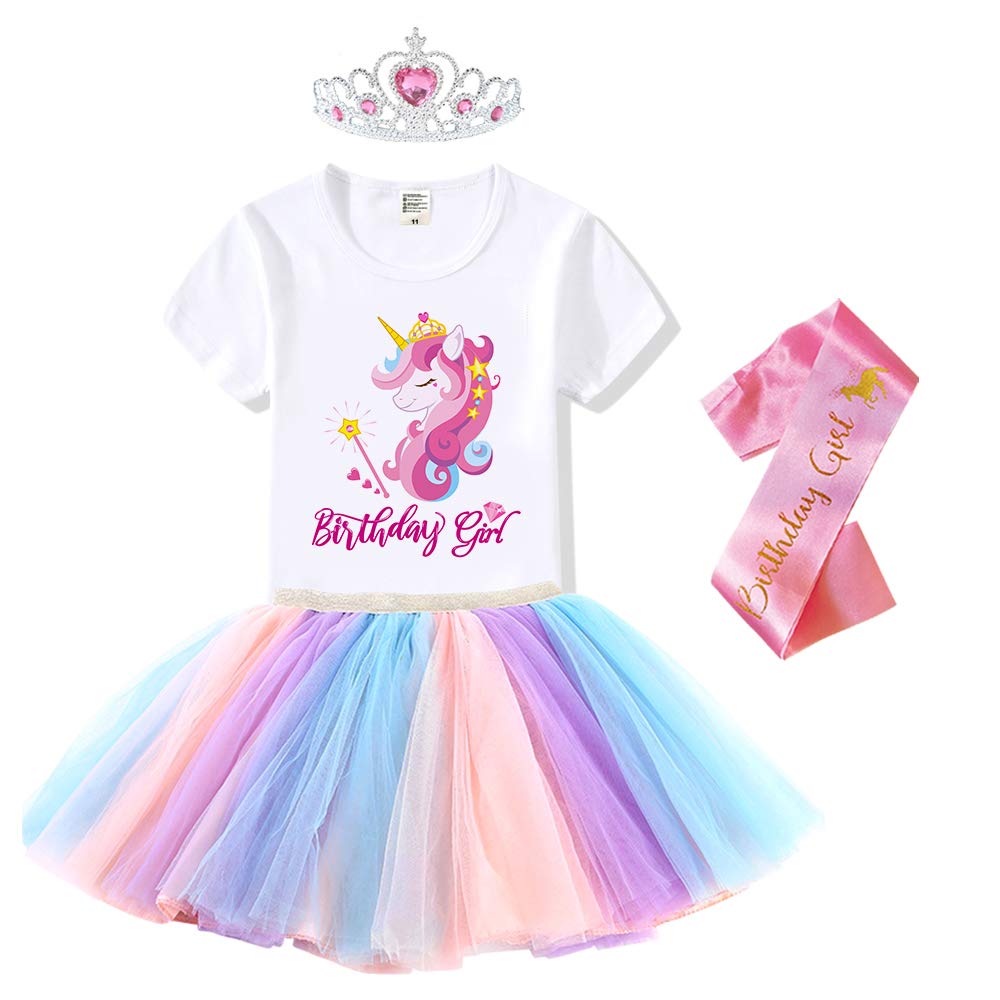 Birthday Girls Costume – Headband, Shirt, Tutu Skirt Dress, Satin Sash - Unicorn Gifts for Girls