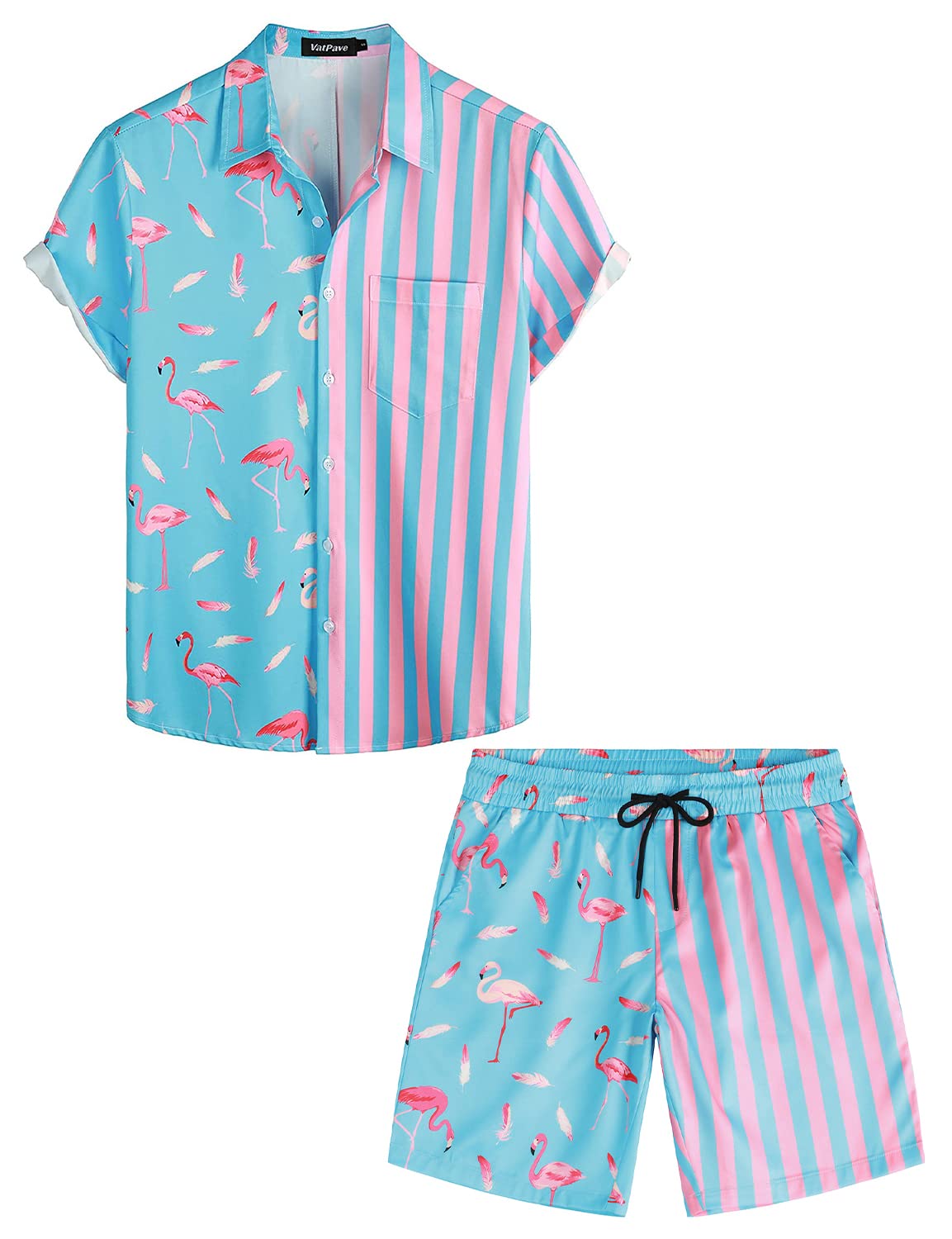 VATPAVEMens Flamingo Hawaiian Sets Casual Short Sleeve Button Down Shirts Summer Outfits