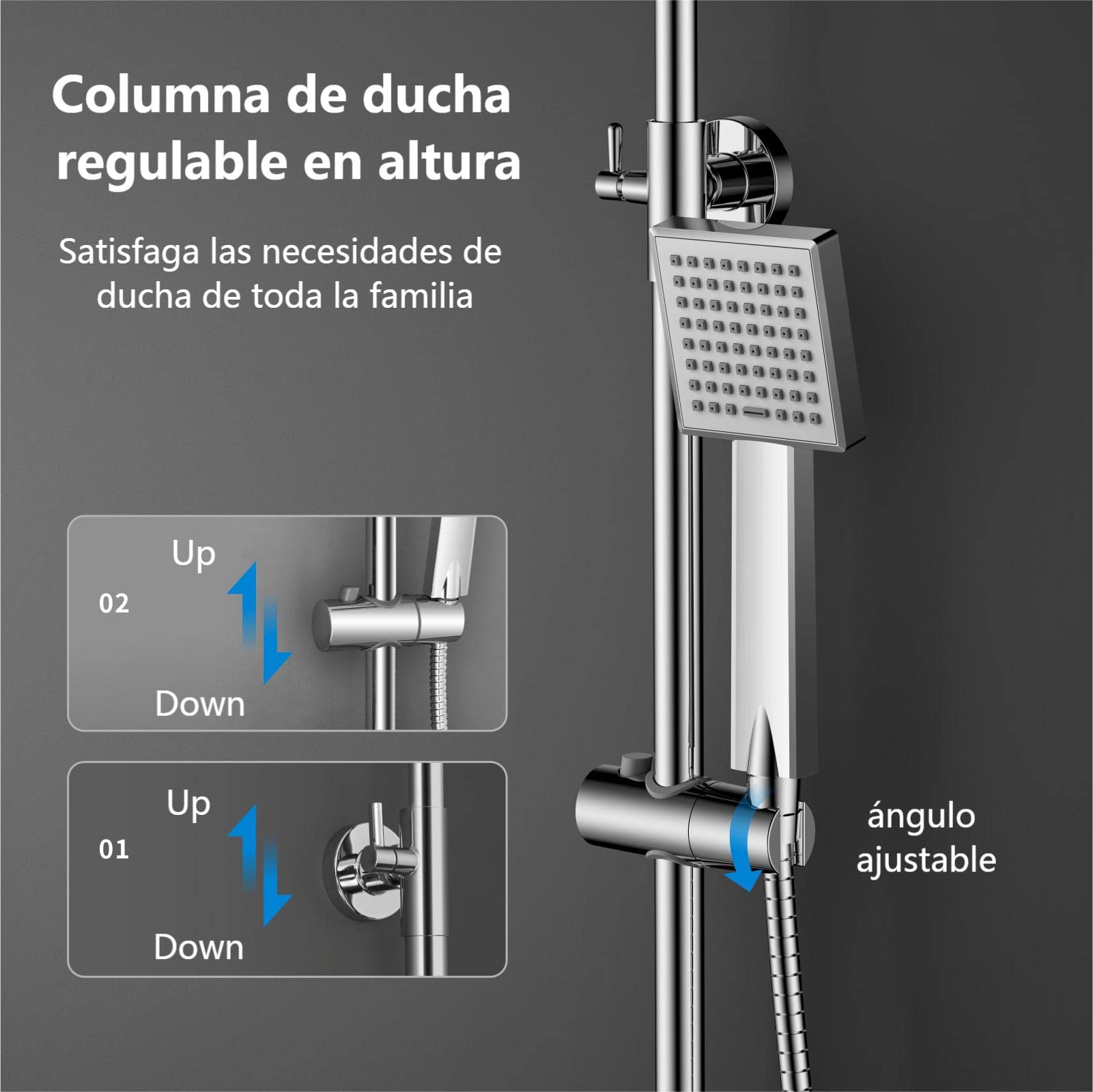Columna Ducha Monomando YOOZENA, Duchas de Baño Columna Extensible con Grifo, Alcachofa de Ducha con Manguera, Ducha Lluvia, Cromado Cuadrada