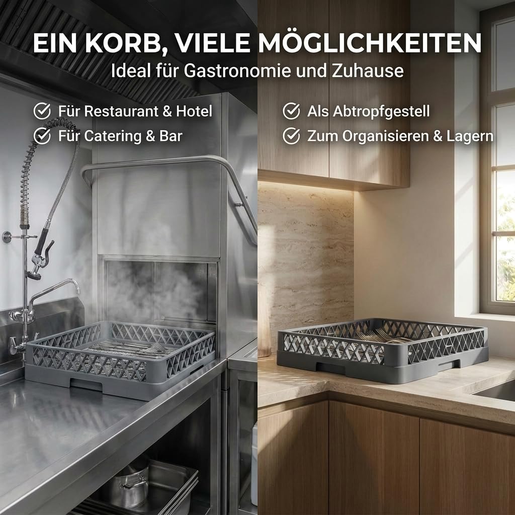 2+1 Set Spülkorb 50x50 für Gastro Spülmaschine – 2X Tellerspülkorb + 1x Besteckspülkorb (Durchfallschutz) Geschirrkorb für Restaurant Hotel Catering - Abtropfkorb