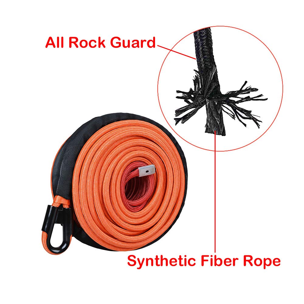 AMOPA CORP 95ft x 3/8'' Orange Synthetic Winch Rope 22,000lbs Protective Sleeves with 7/16 inch Heat Rock Guard for Off-Road Truck Trailer, 95ft 3/8 Inch 22000lbs