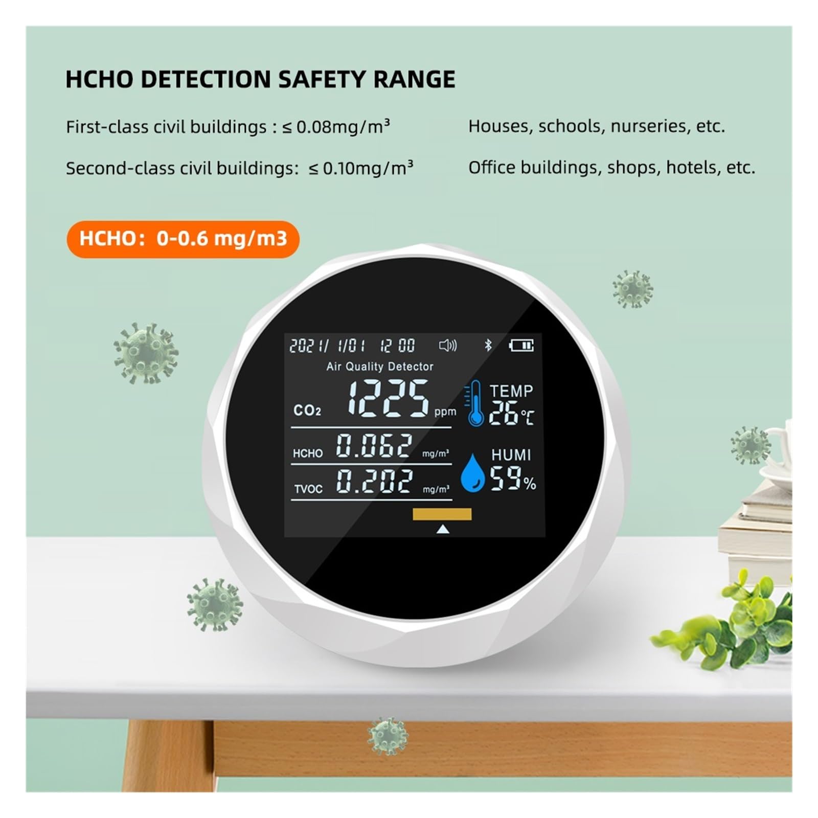 Monitor d'aria multifunzione TVOC HCHO Misuratore di CO2 Tester qualità del gas Umidità Temperatura Rilevatore controllo dente blu Per cucina e camper(Noir)