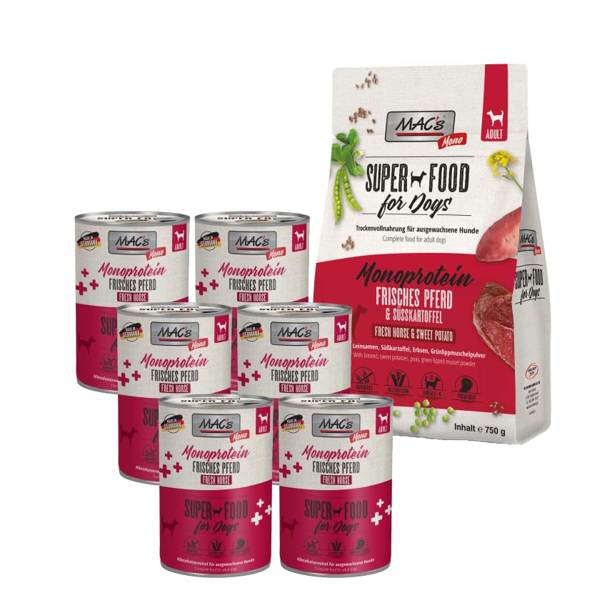 MACs Hundefutter Pferd 6x400g Nassfutter & 1x750g Trockenfutter | Getreidefrei | Monoprotein Pferd | Hoher Fleischanteil | Für Allergiker & Ausschlussdiät | Natürliche Zutaten