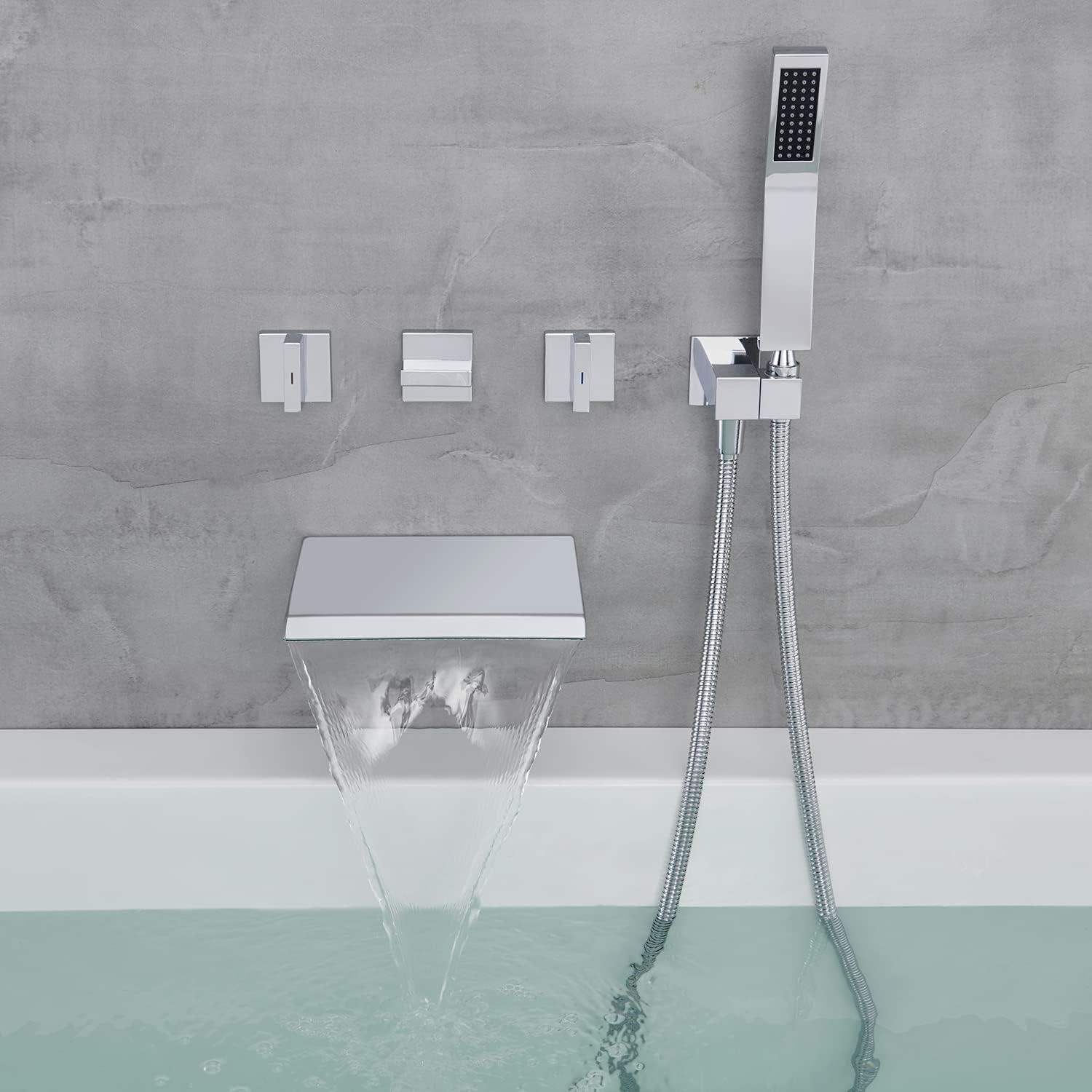 Grifería Mural Tipo Cascada con Ducha de Mano, Juego de grifos de Agua fría y Caliente de latón para baño contemporáneo, Acabado Cromado Pulido, 3 manijas.