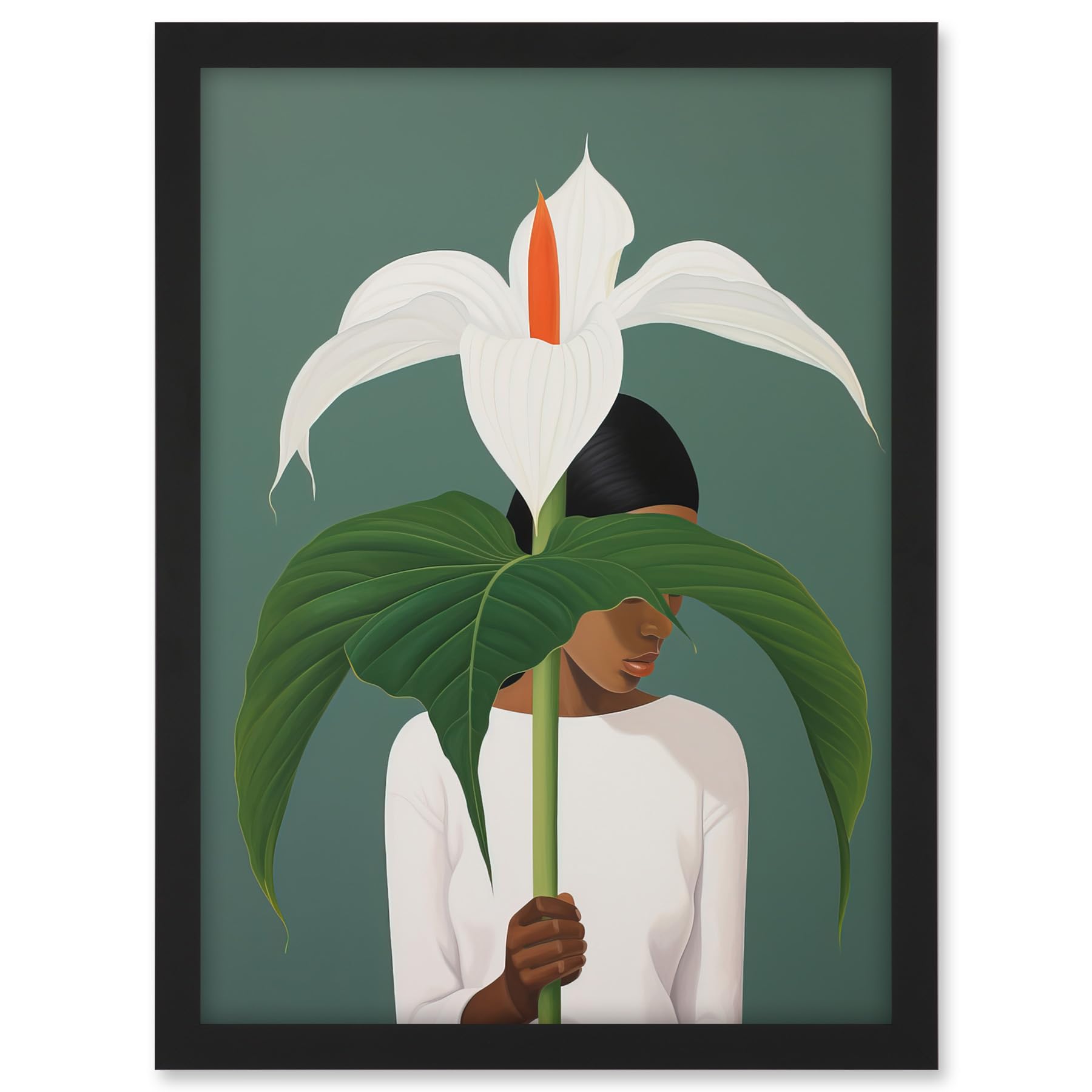 Artery8 Giant Peace Lily Showcase Realistic Oil Painting White Teal Green Woman with Flower Minimalist Artwork Framed A3 Wall Art Print