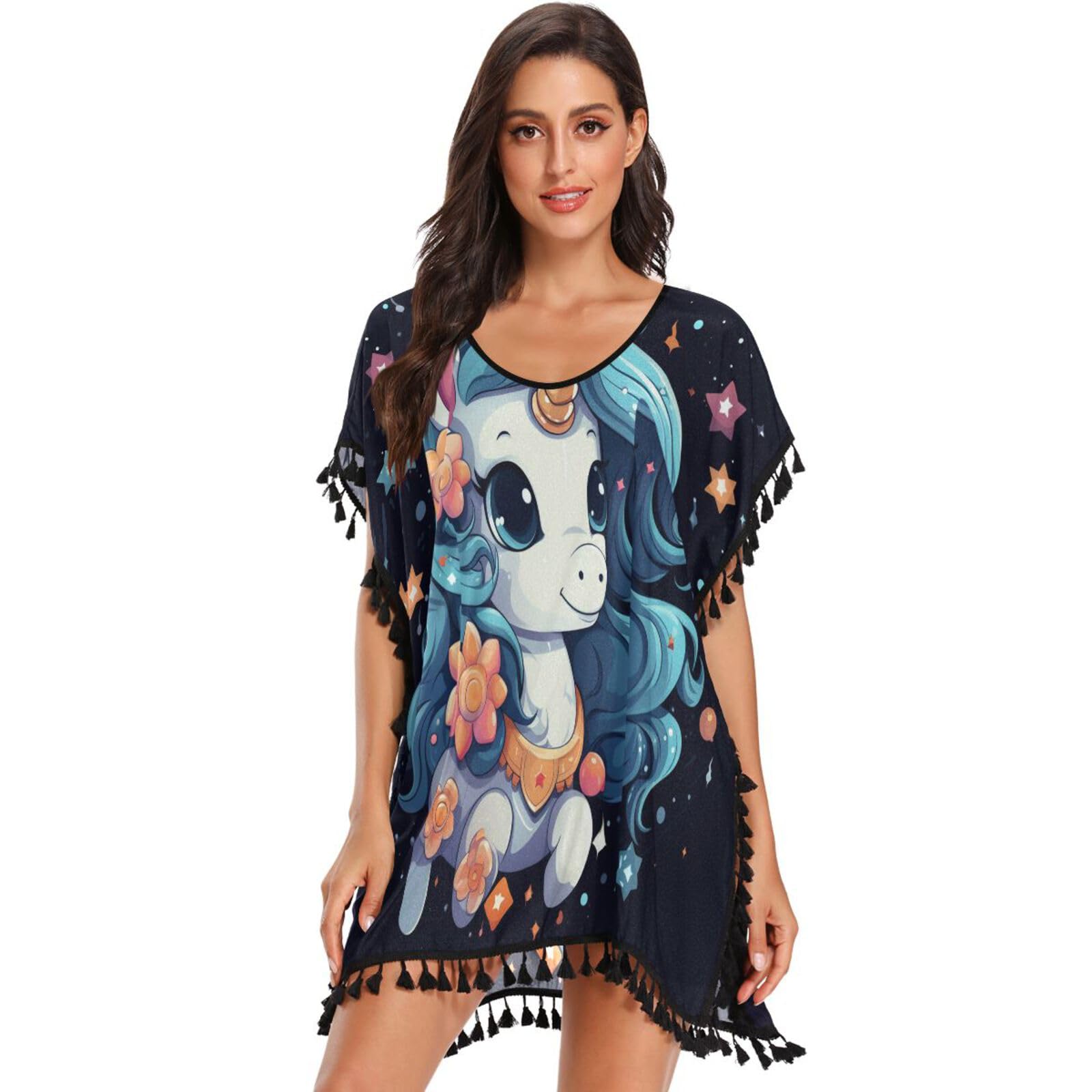 Unicorn Cute Space Stars Women's Beach Cover Up Chiffon Tassel Swimwear Swimsuit Coverups for Girl