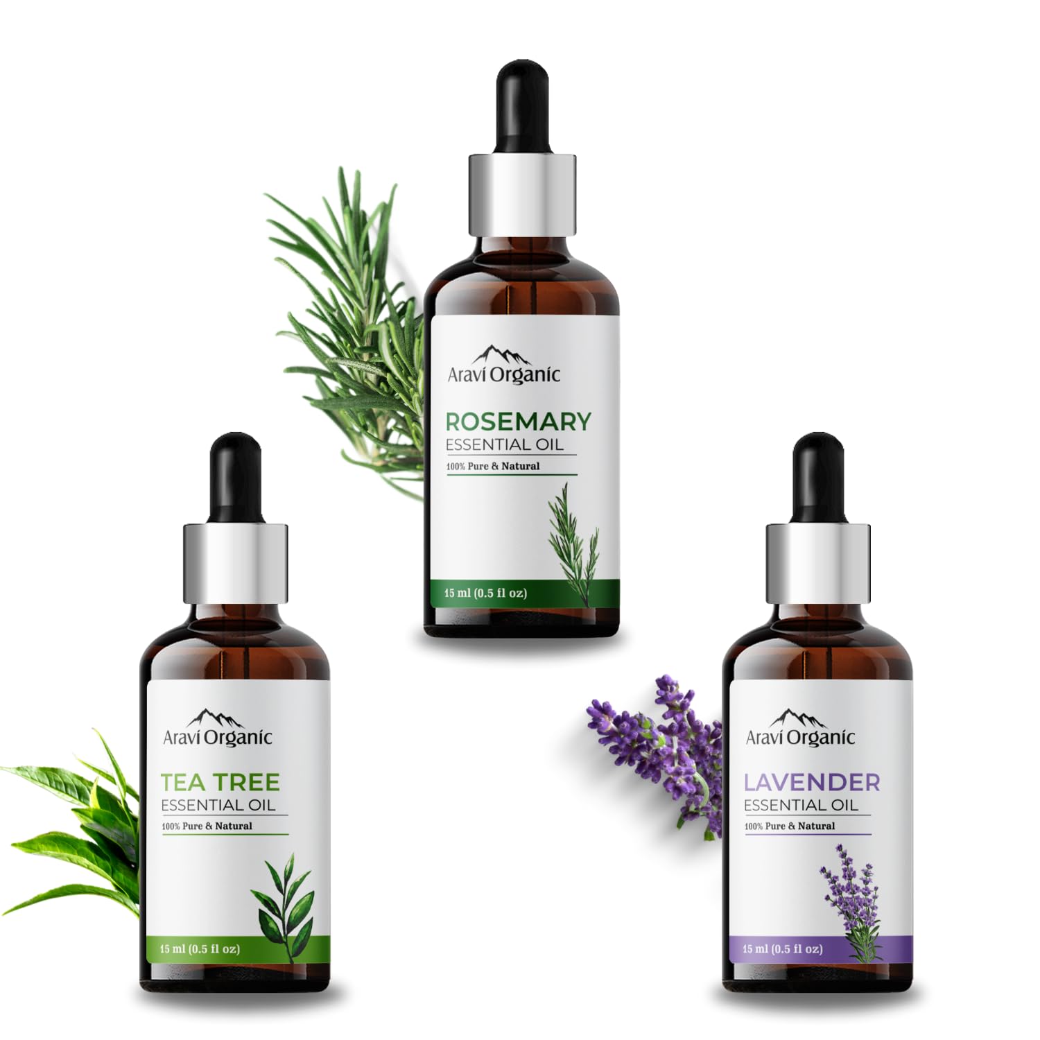 Aravi Organic 100% Pure Tea Tree, Lavender And Rosemary Essential Oil For Healthy Hair Growth, Dandruff and Skin Care - For Women and Men -15 ml Each (B08QC2VP8J) Amazon Price History, Amazon Price Tracker