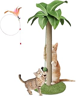 Kphico Cat Scratching Post for Indoor Cats,33.5" Tall Large Cat Scratching Post with Natural Sisal Rope,Kitten Scratcher with Simulated Leaves & Hanging Ball,Send 1 Cat Teasing Stick and 2 Catnip